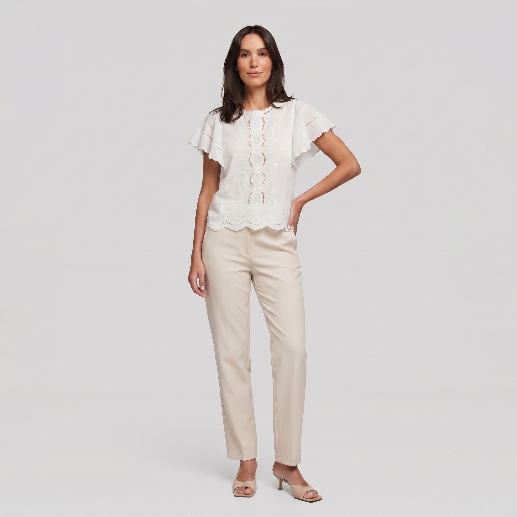 Pamela Boutique white broderie blouse flutter sleeve scalloped hem, model front view