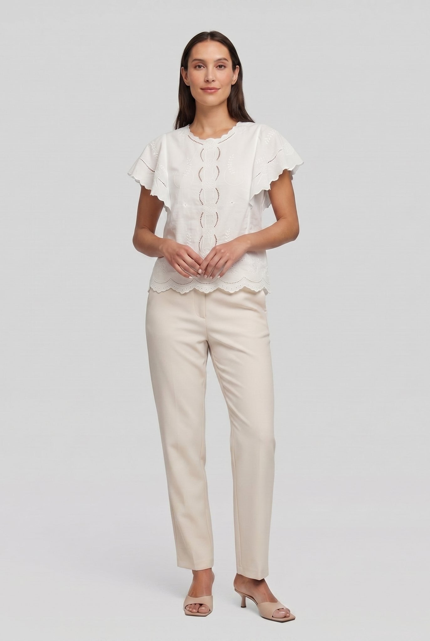 Pamela Boutique white broderie blouse flutter sleeve, model view
