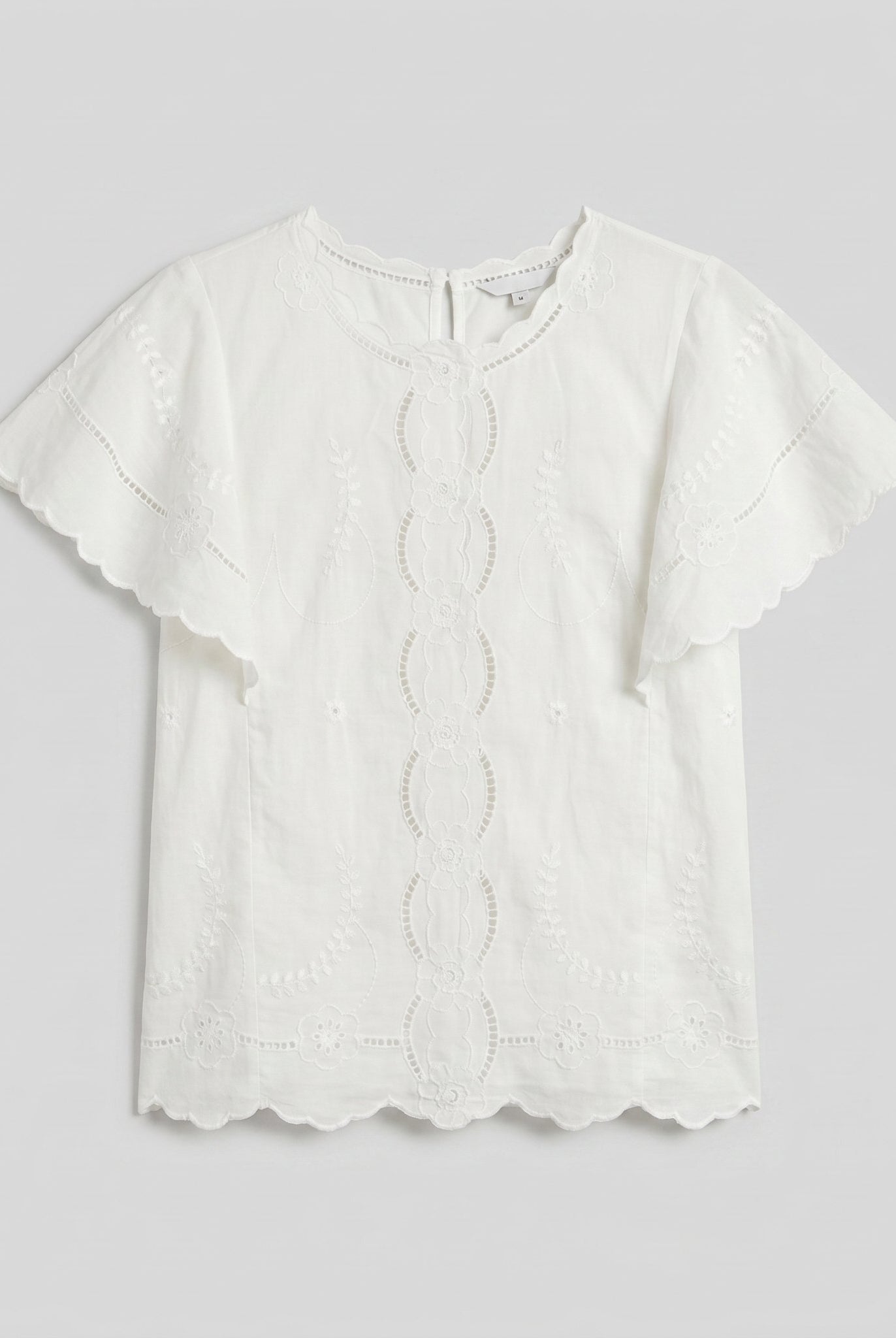 Pamela Boutique white broderie blouse flutter sleeve scalloped hem, product detail