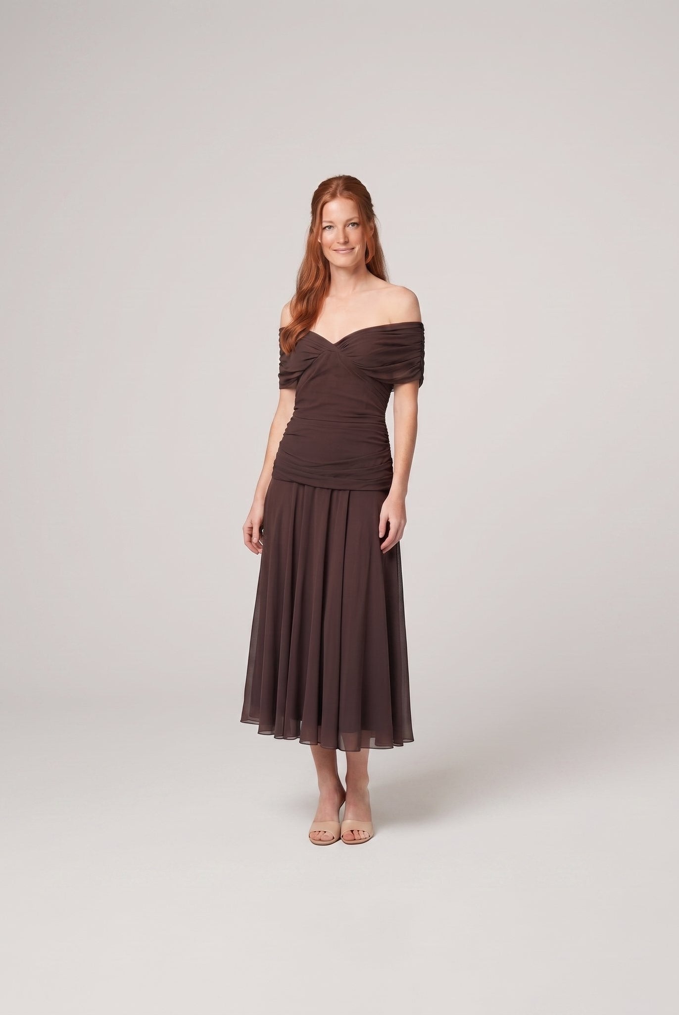 Pamela Boutique Caden brown off-shoulder midi dress on model