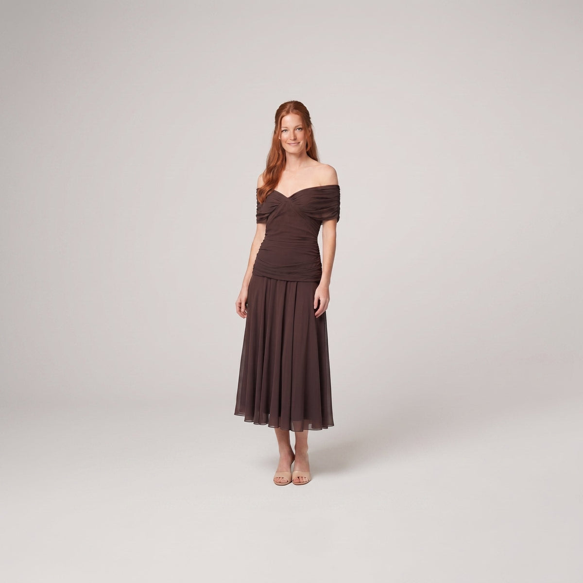 Pamela Boutique Caden brown off-shoulder midi dress on model