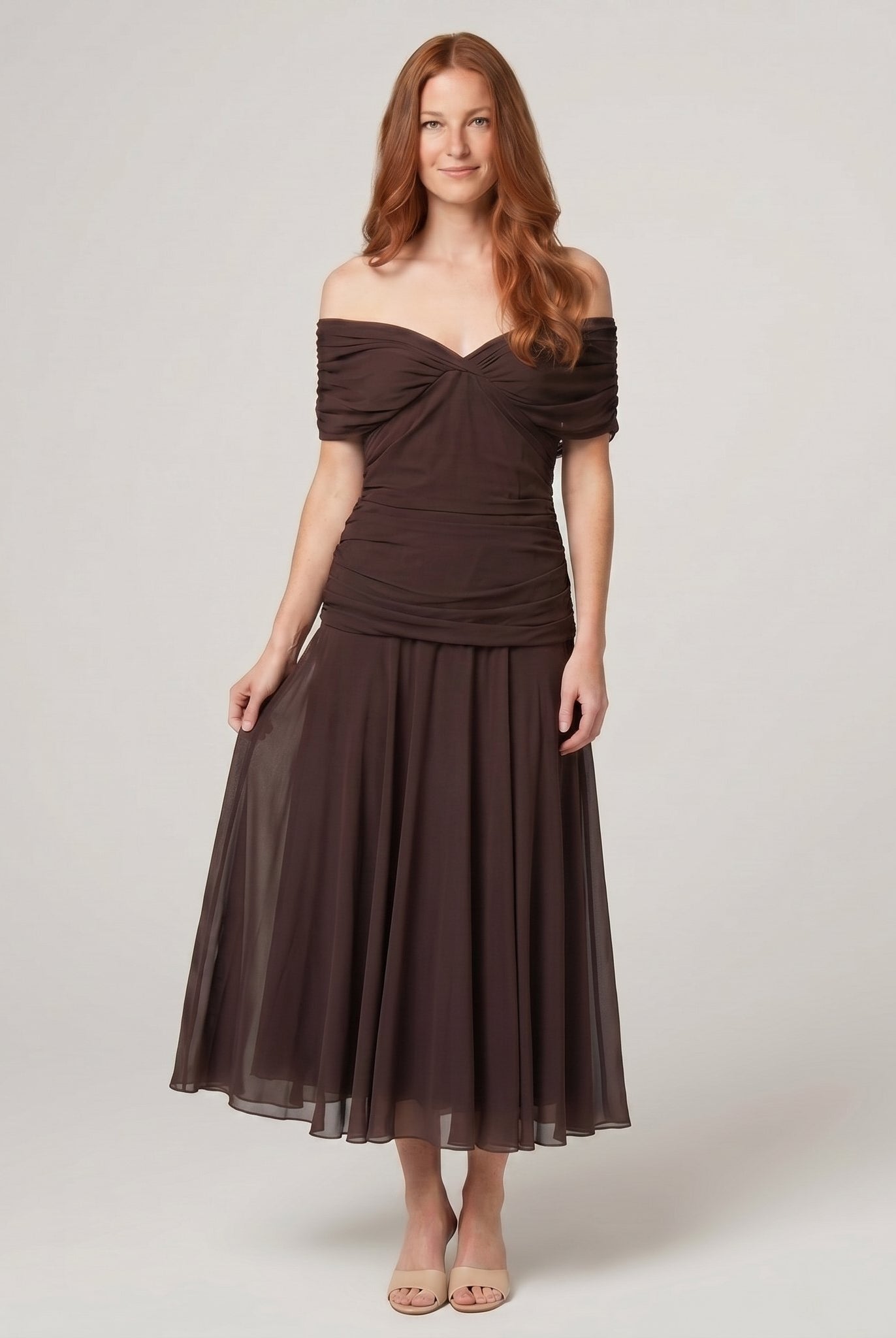 Caden off shoulder midi dress in brown, full length