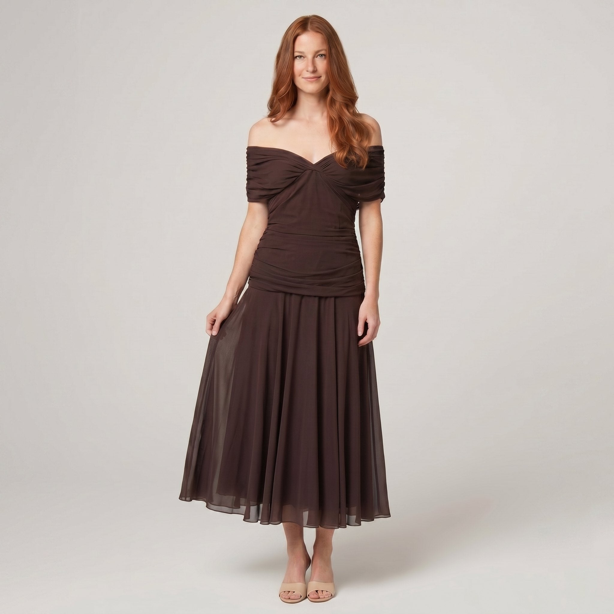 Caden off shoulder midi dress in brown, full length