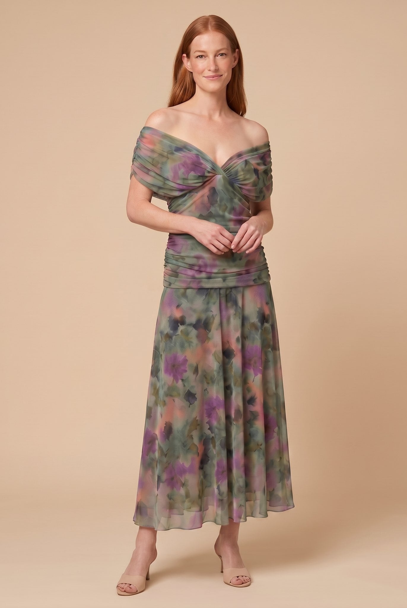 Pamela Boutique Caden dark green off-shoulder midi dress on model