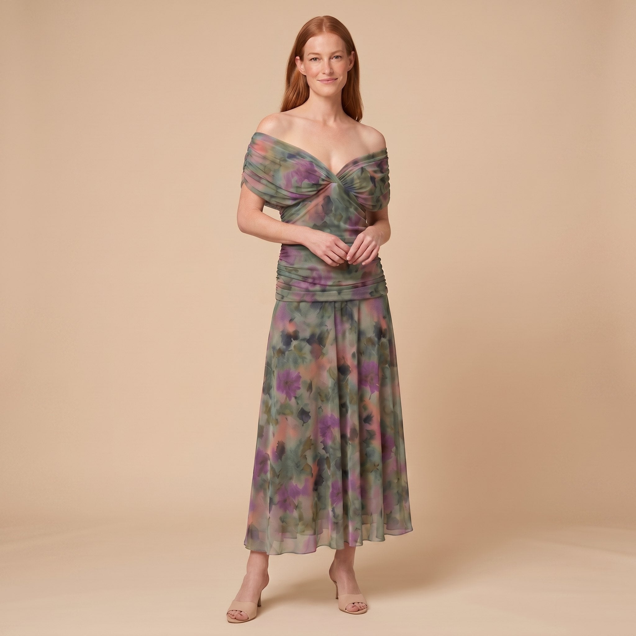 Pamela Boutique Caden dark green off-shoulder midi dress on model