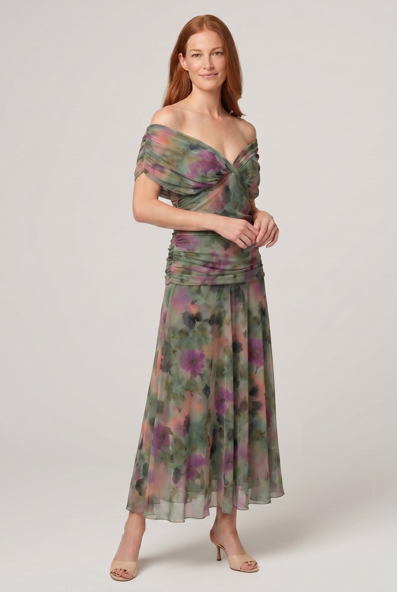 Caden off shoulder midi dress in dark green, full length