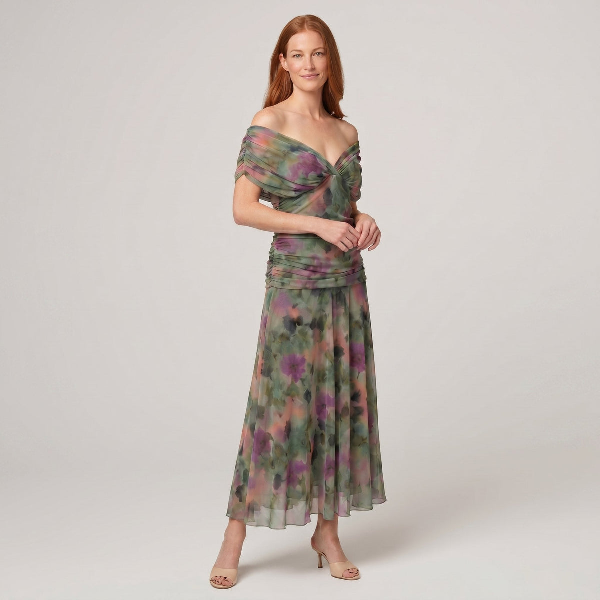 Caden off shoulder midi dress in dark green, full length