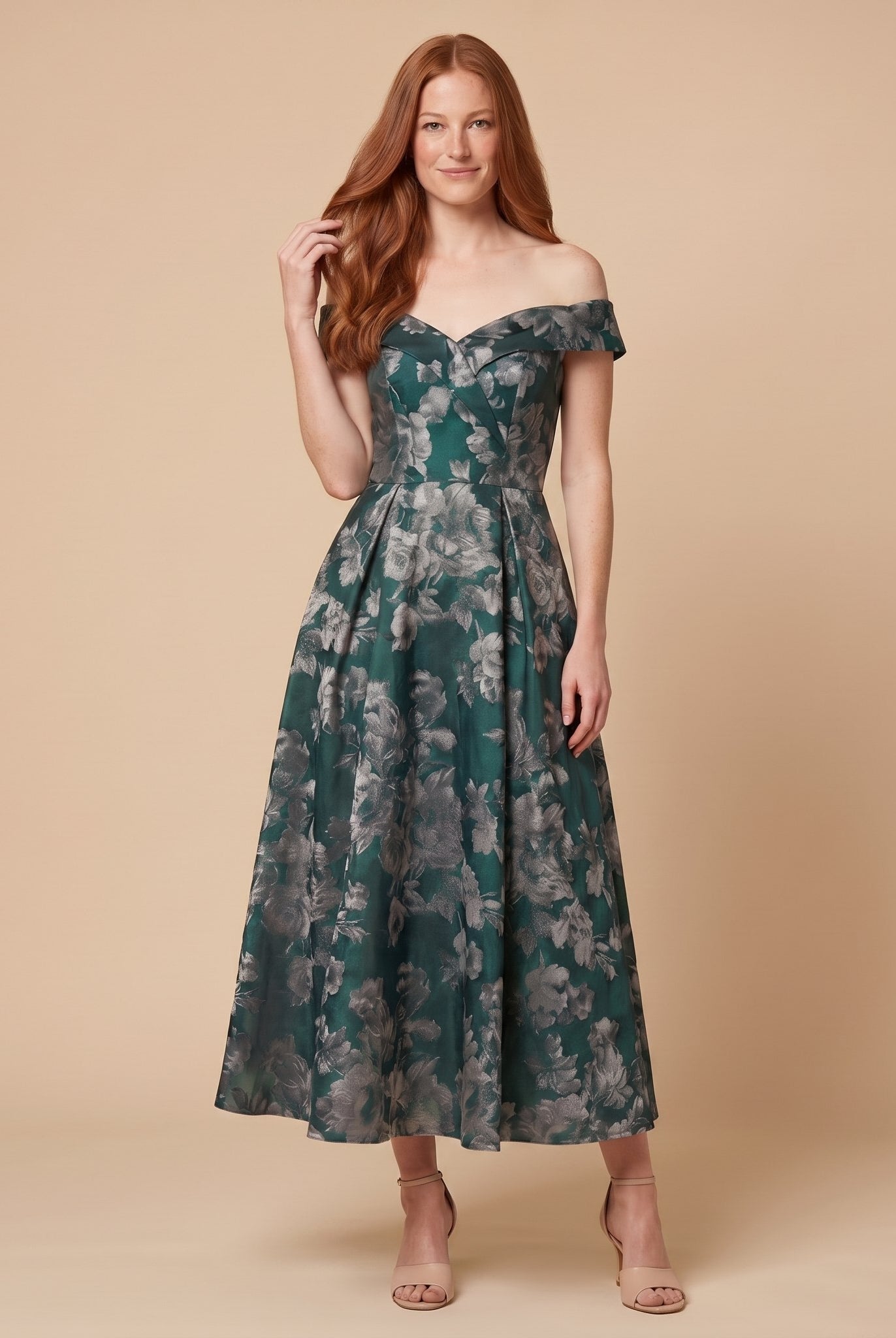 Pamela Boutique Caden multicolor off-shoulder midi dress on model