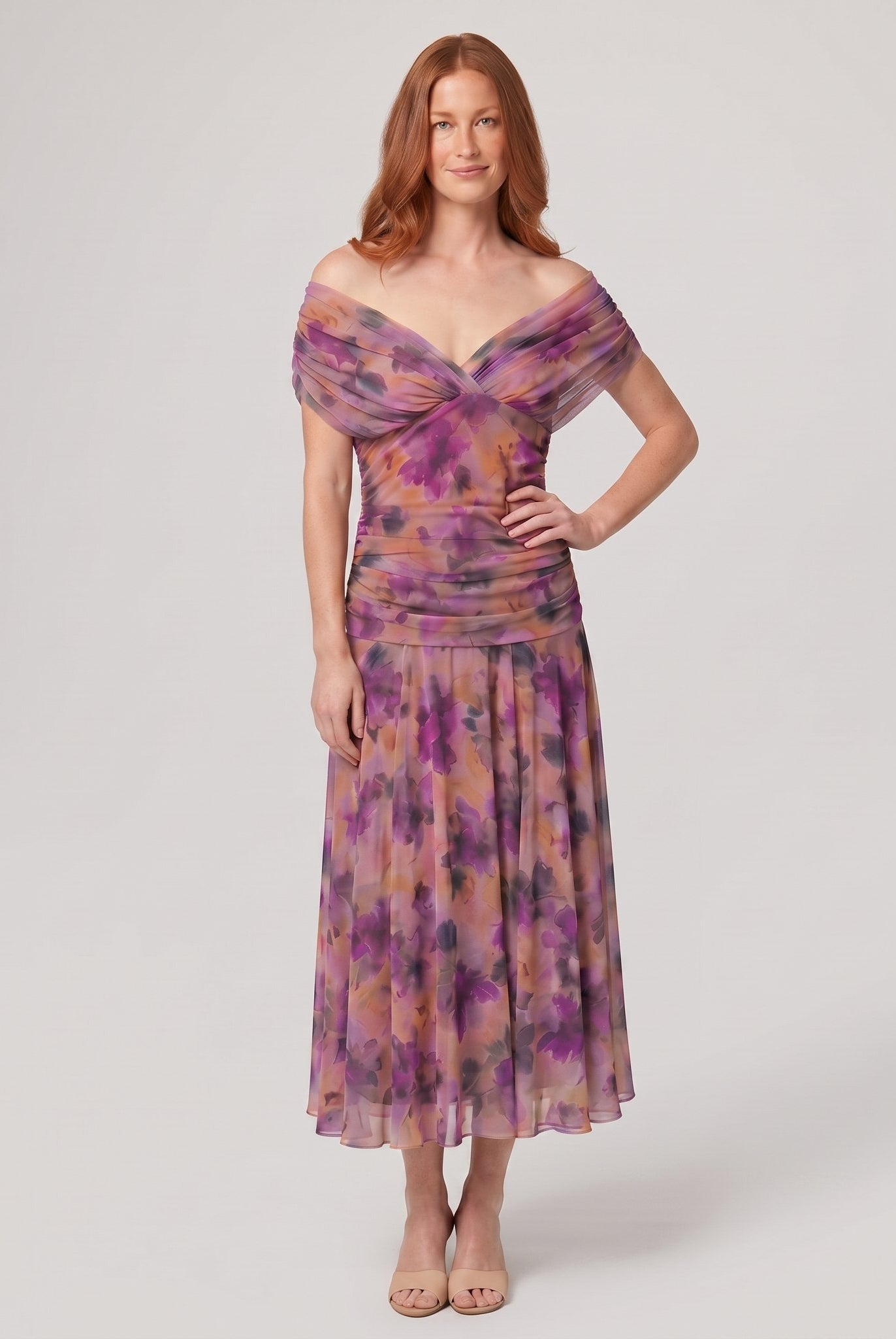 Pamela Boutique Caden purple off-shoulder midi dress on model