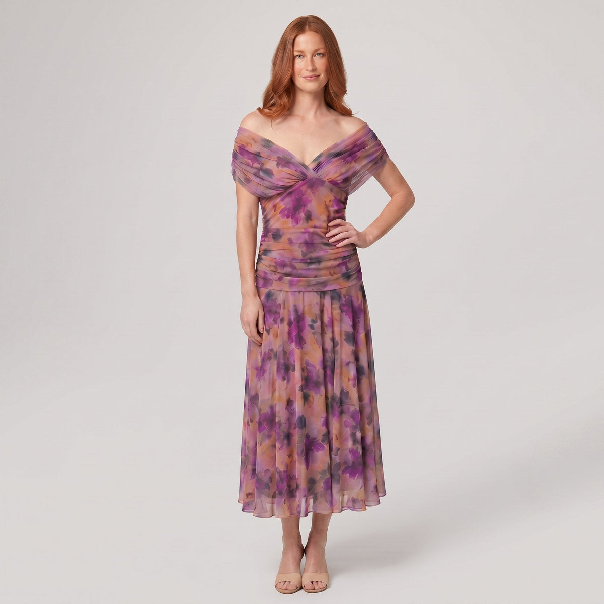 Pamela Boutique Caden purple off-shoulder midi dress on model
