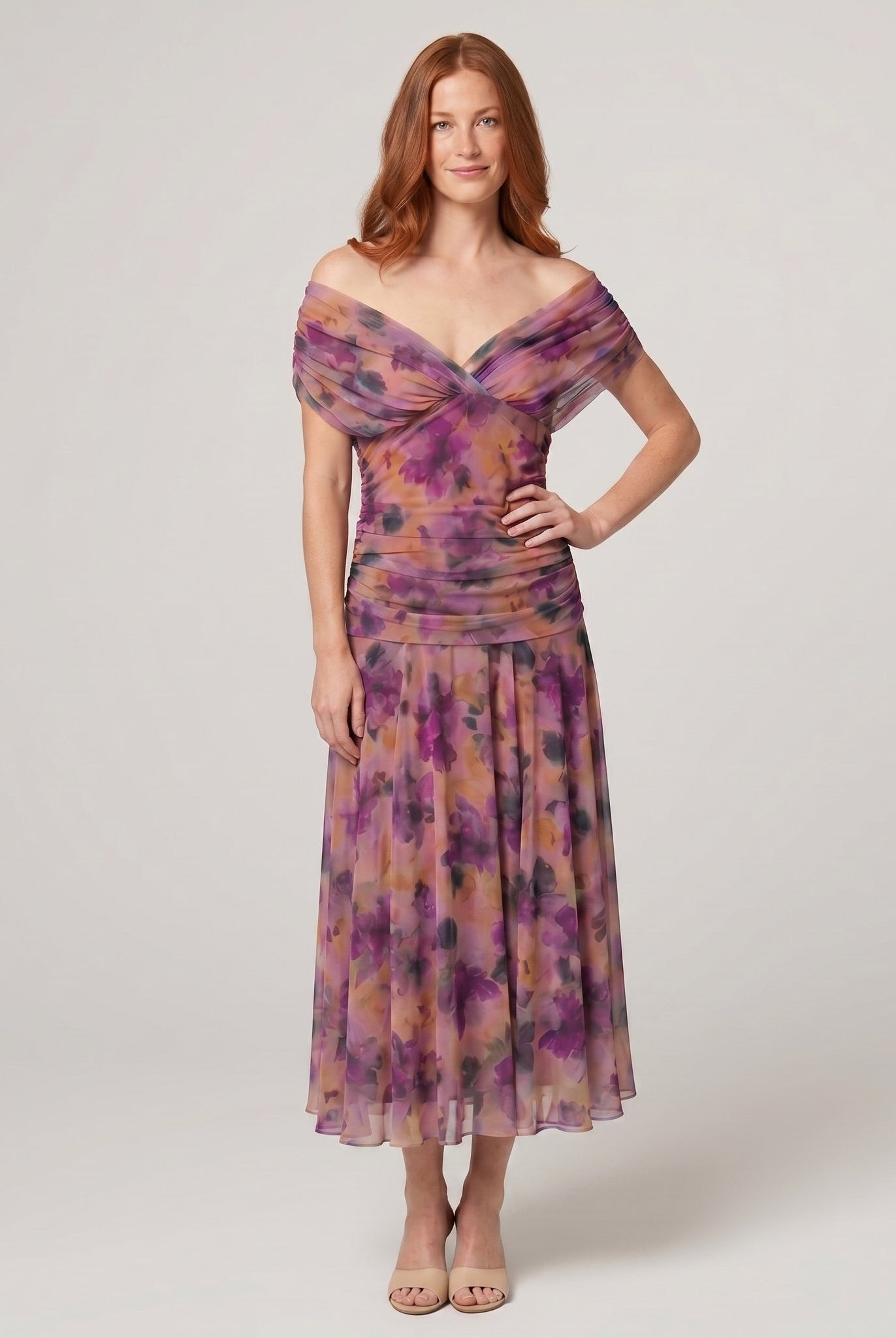 Caden off shoulder midi dress in purple, full length