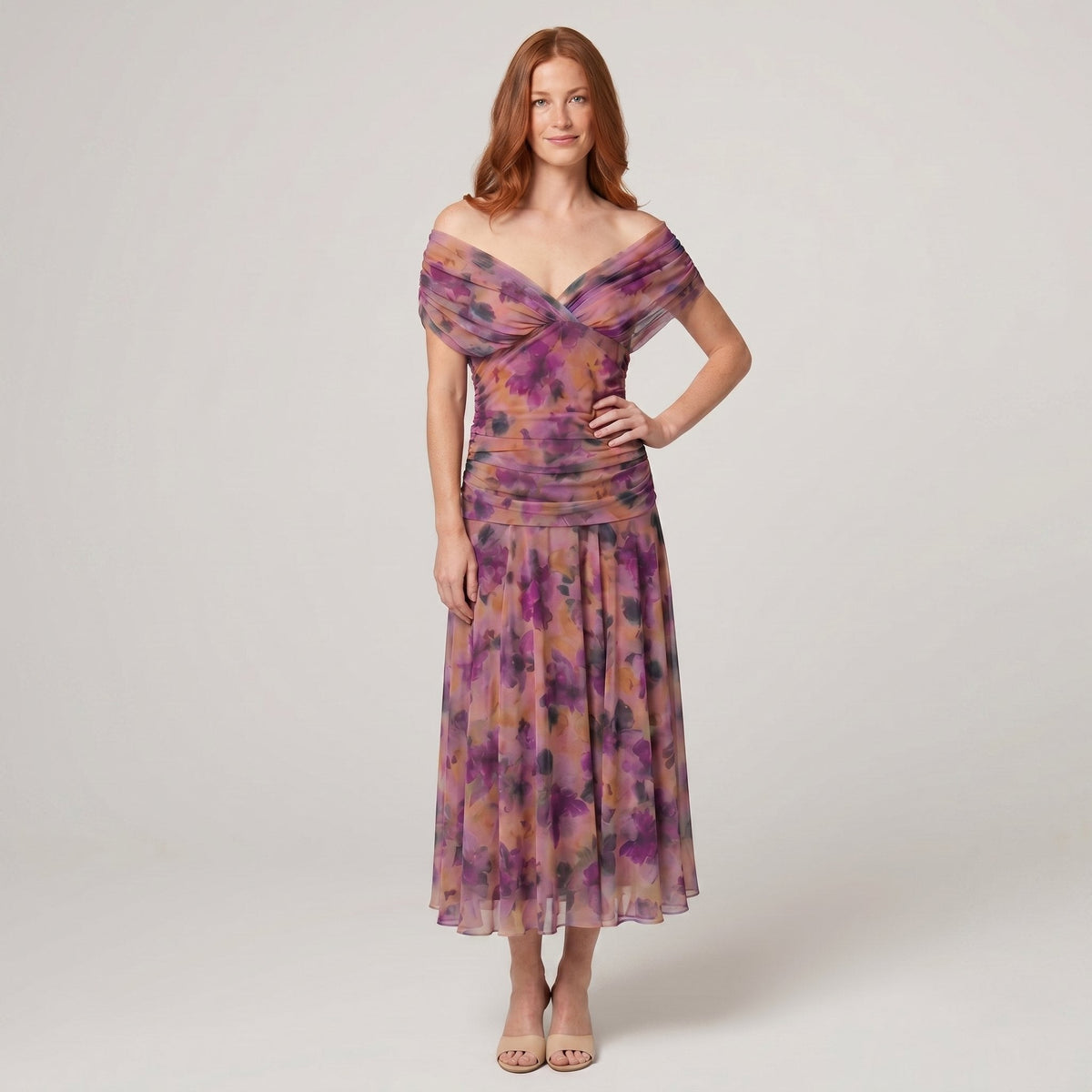 Caden off shoulder midi dress in purple, full length