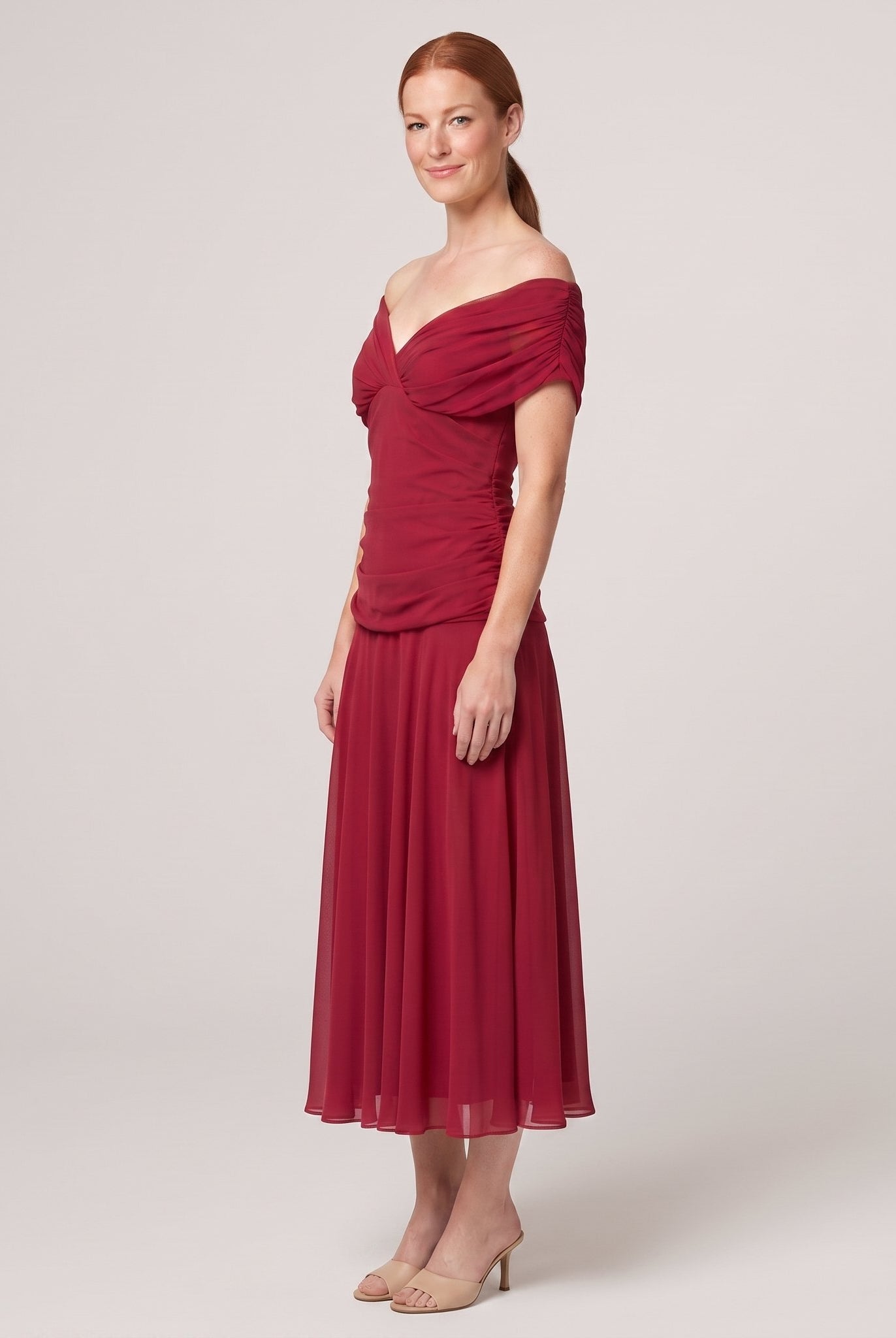 Pamela Boutique Caden red off-shoulder midi dress on model
