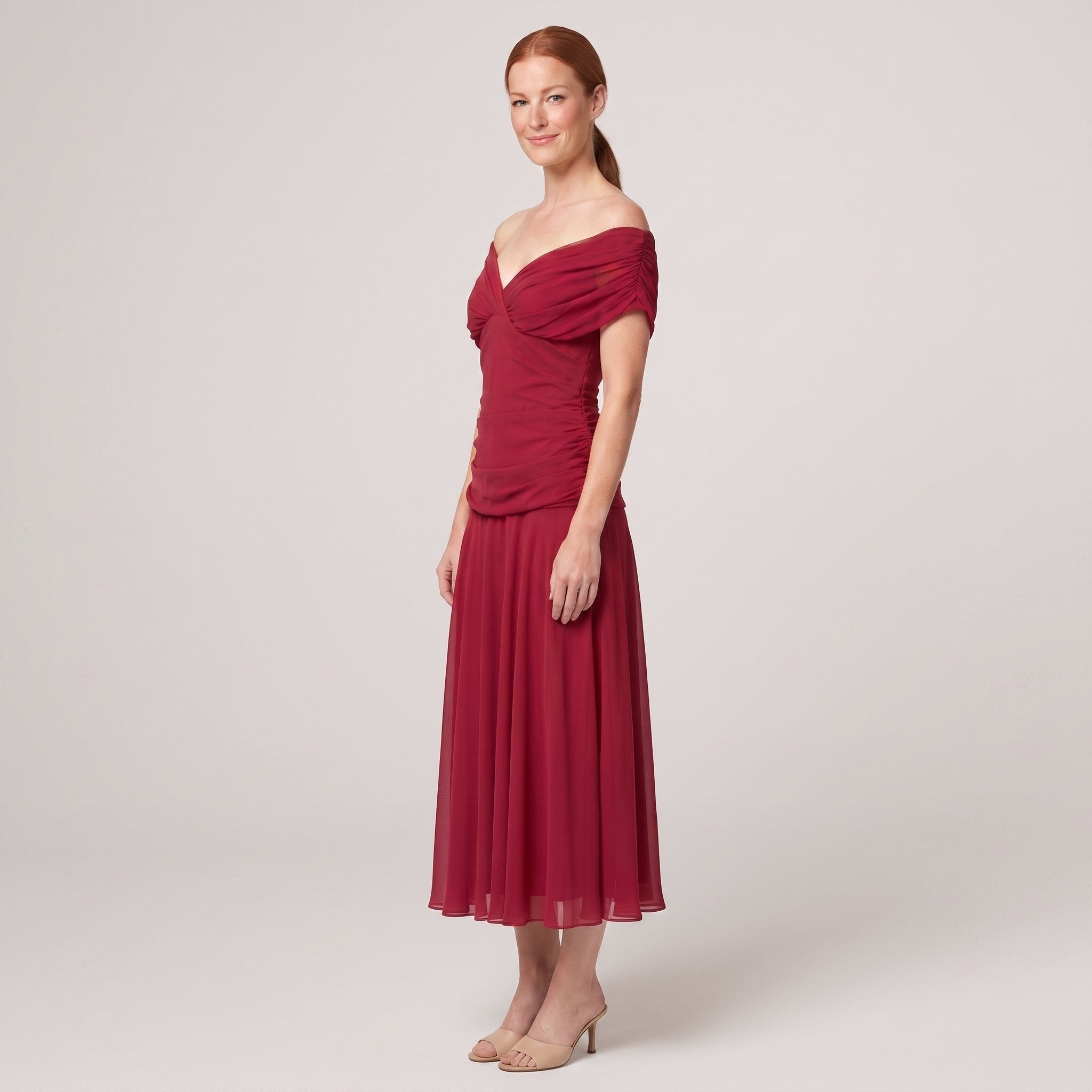 Pamela Boutique Caden red off-shoulder midi dress on model
