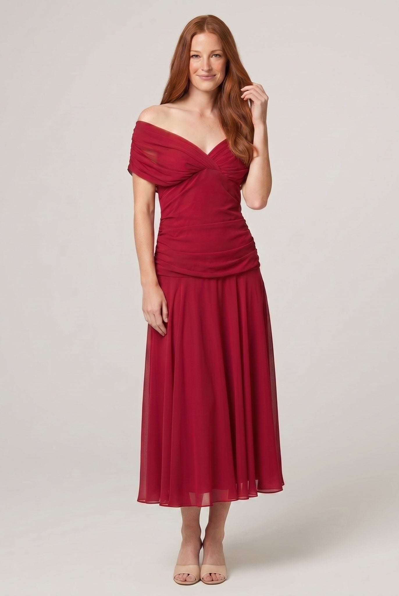 Caden off shoulder midi dress in red, full length