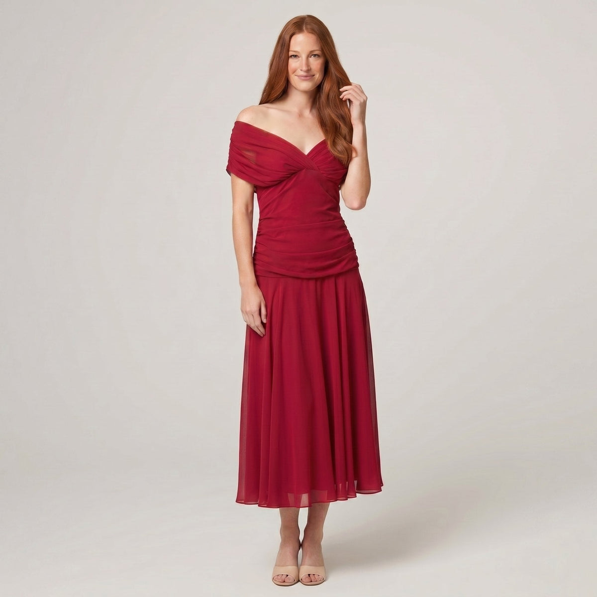 Caden off shoulder midi dress in red, full length