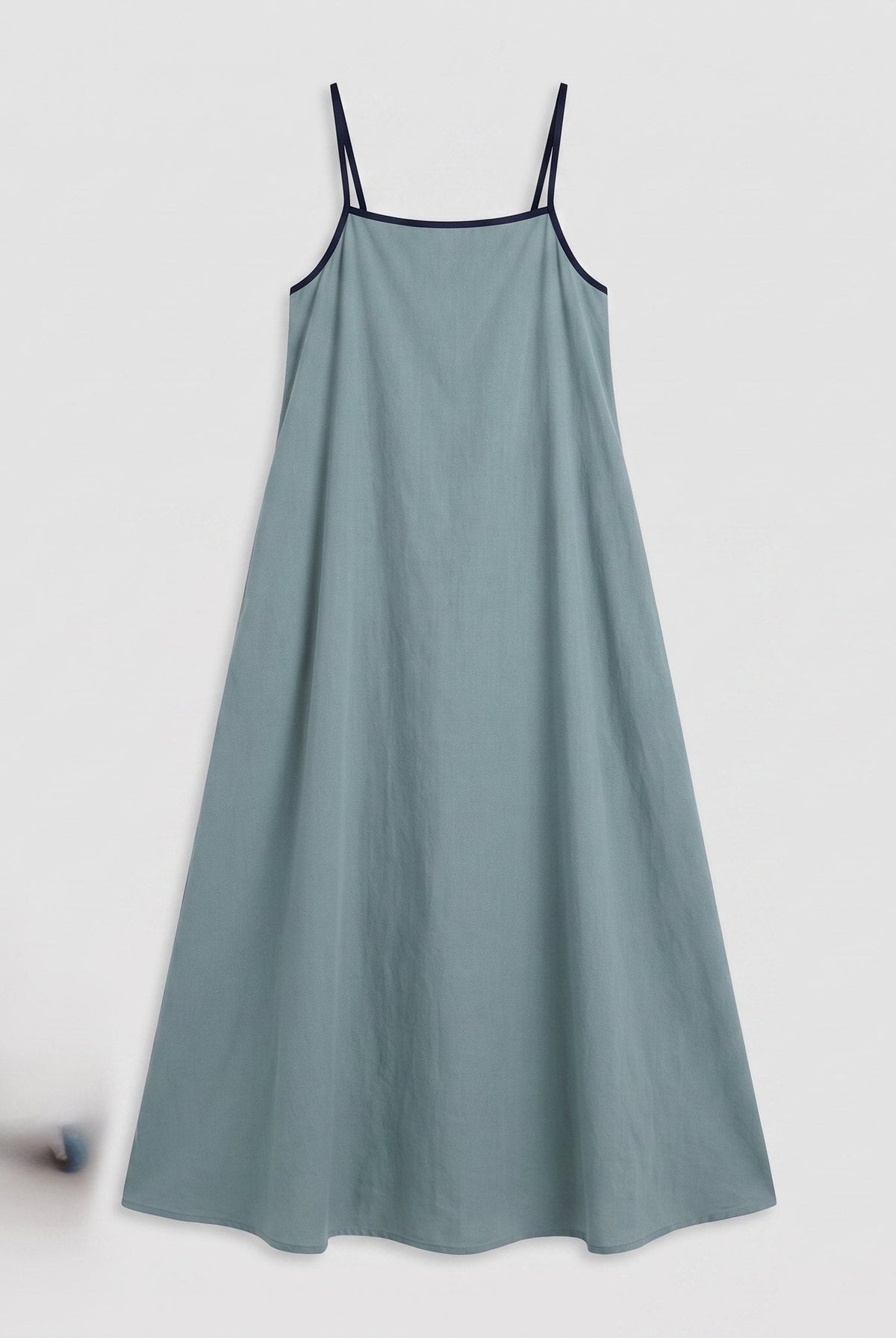 Sage-blue maxi slip dress with navy trim, product flat-lay