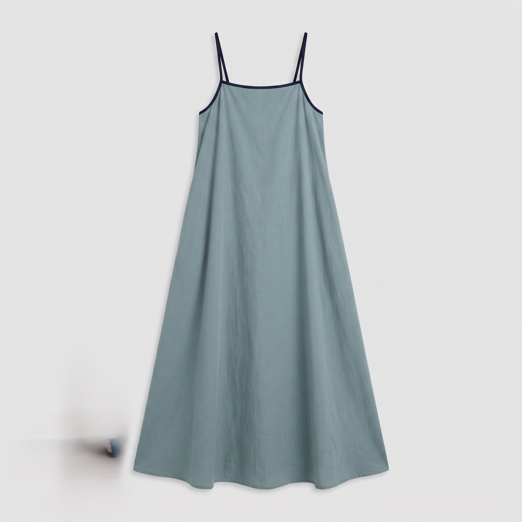 Sage-blue maxi slip dress with navy trim, product flat-lay
