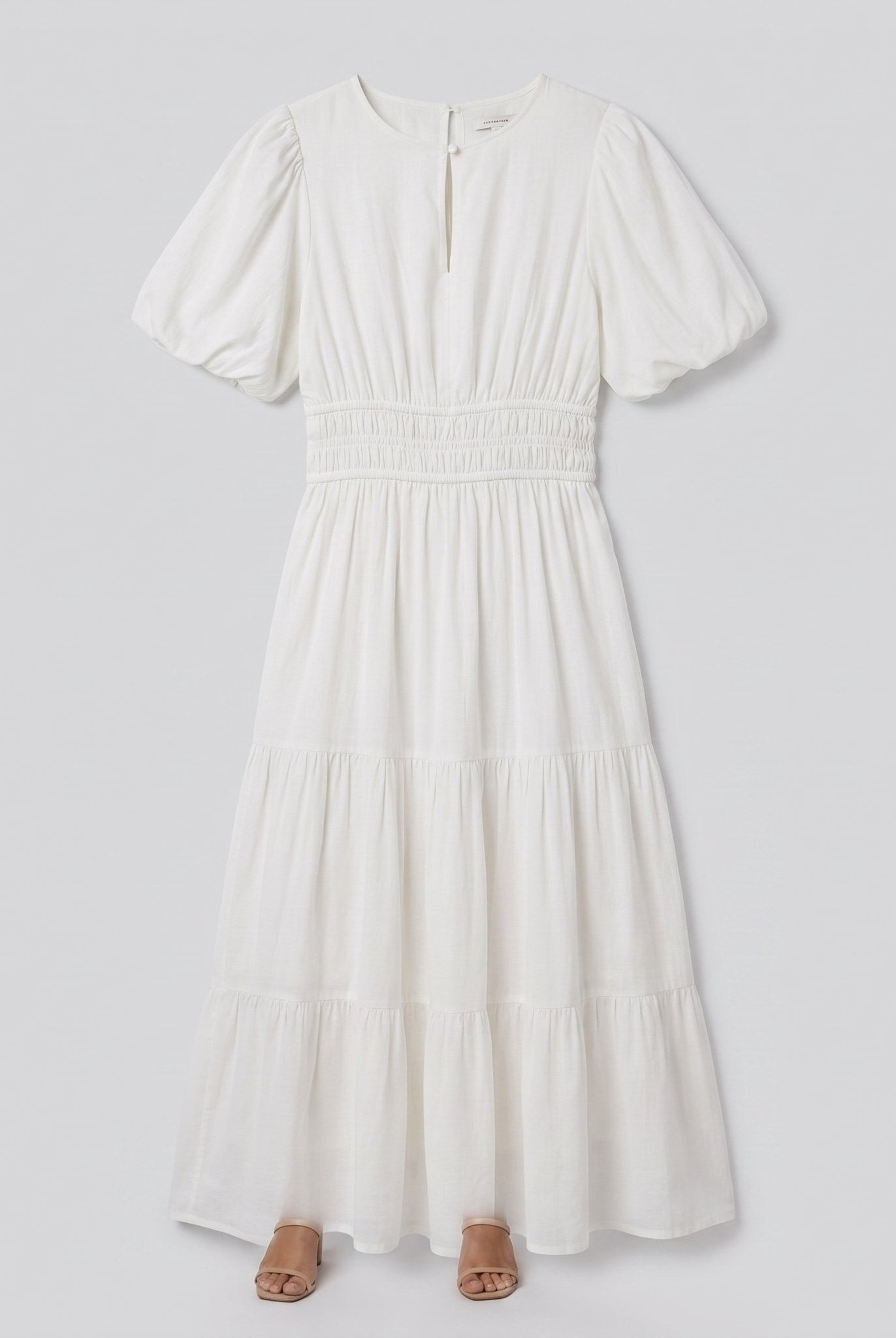 White cotton midi dress with balloon sleeves, product flat-lay