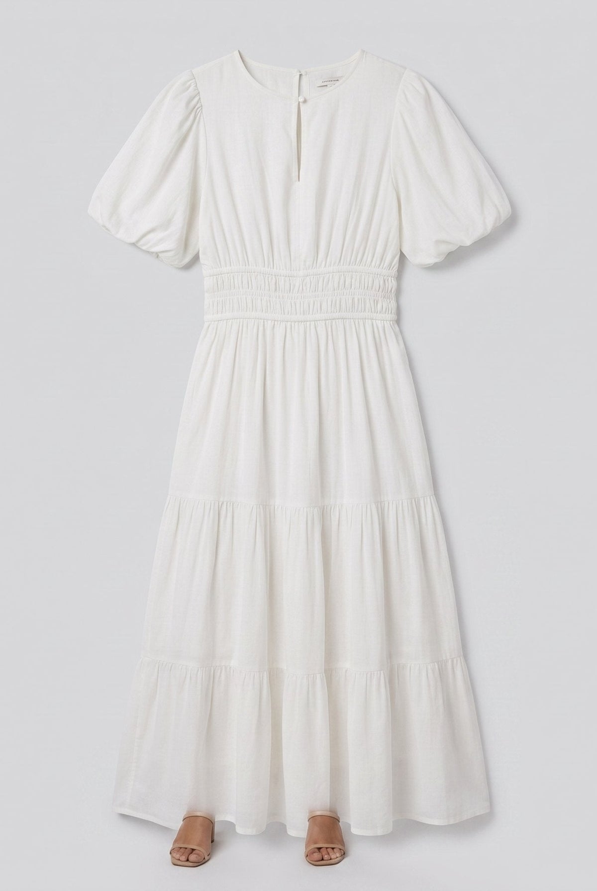 White cotton midi dress with balloon sleeves, product flat-lay