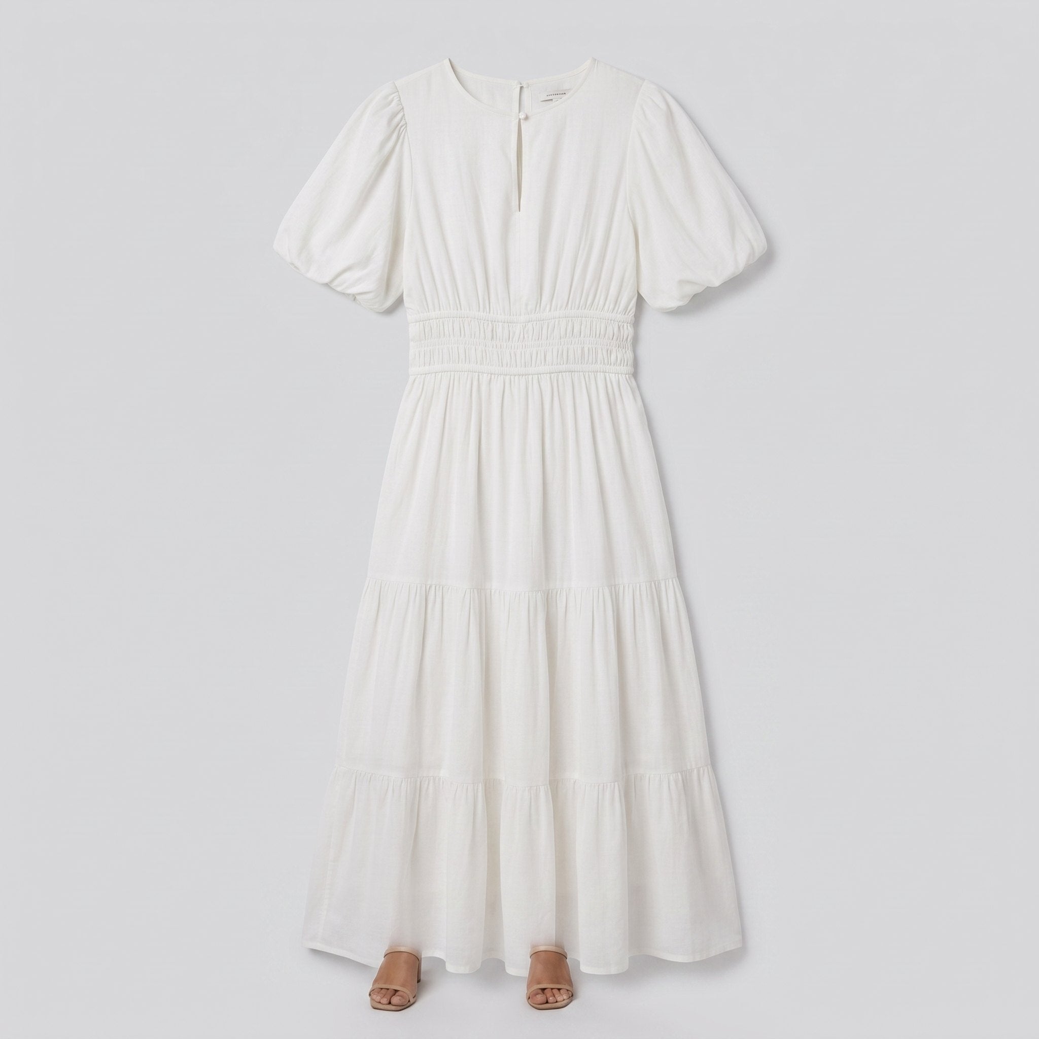 White cotton midi dress with balloon sleeves, product flat-lay