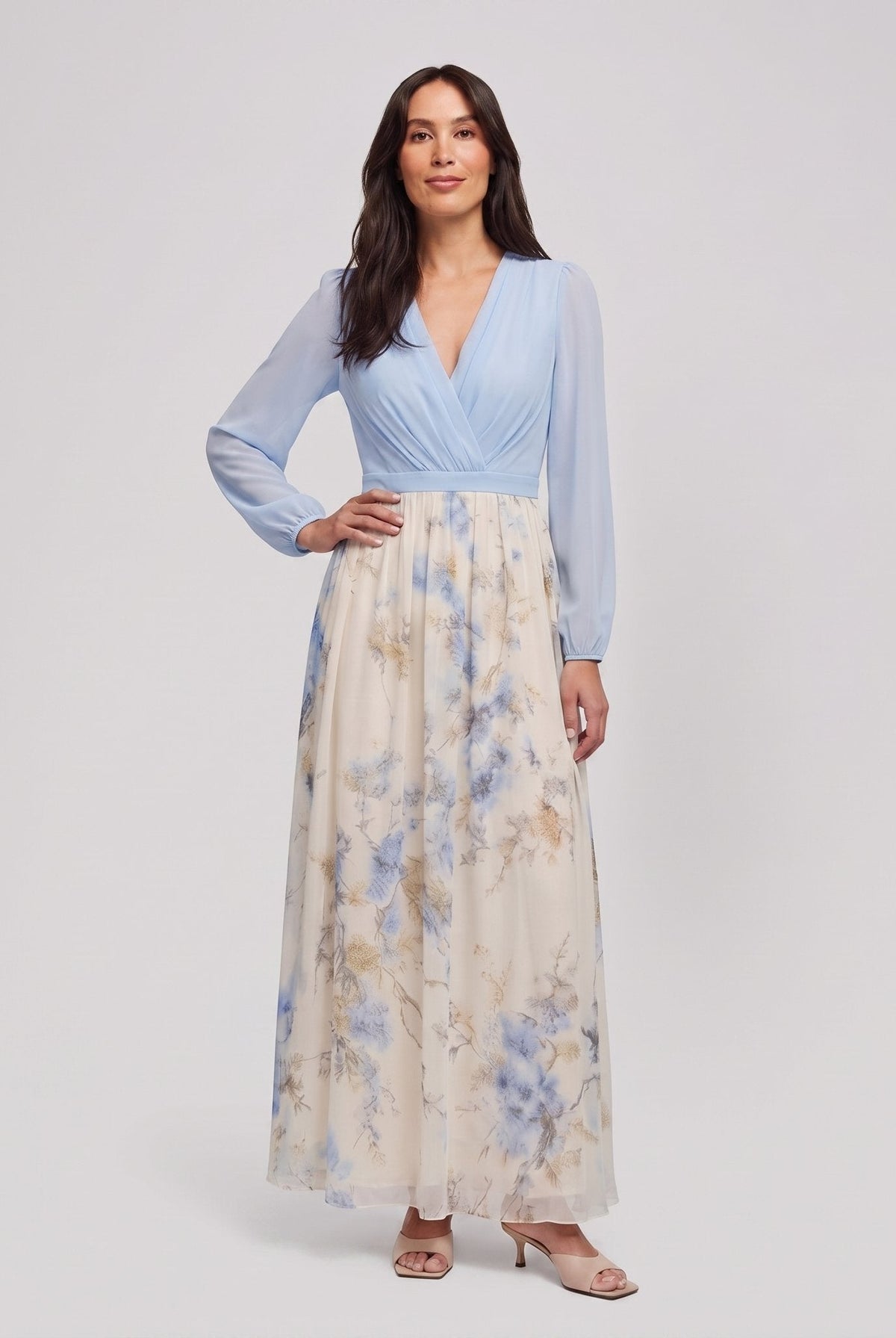 Floral maxi dress with light blue bodice and cream floral skirt, front view on model