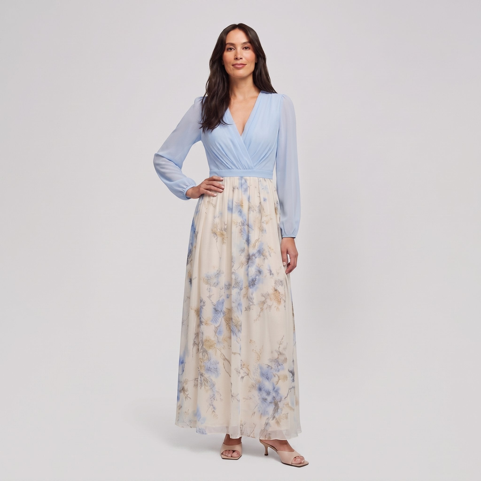 Floral maxi dress with light blue bodice and cream floral skirt, front view on model