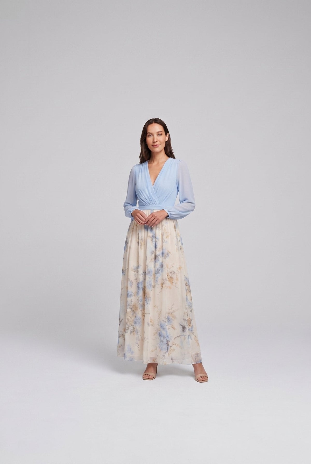 Floral V-neck maxi dress, full-length on model