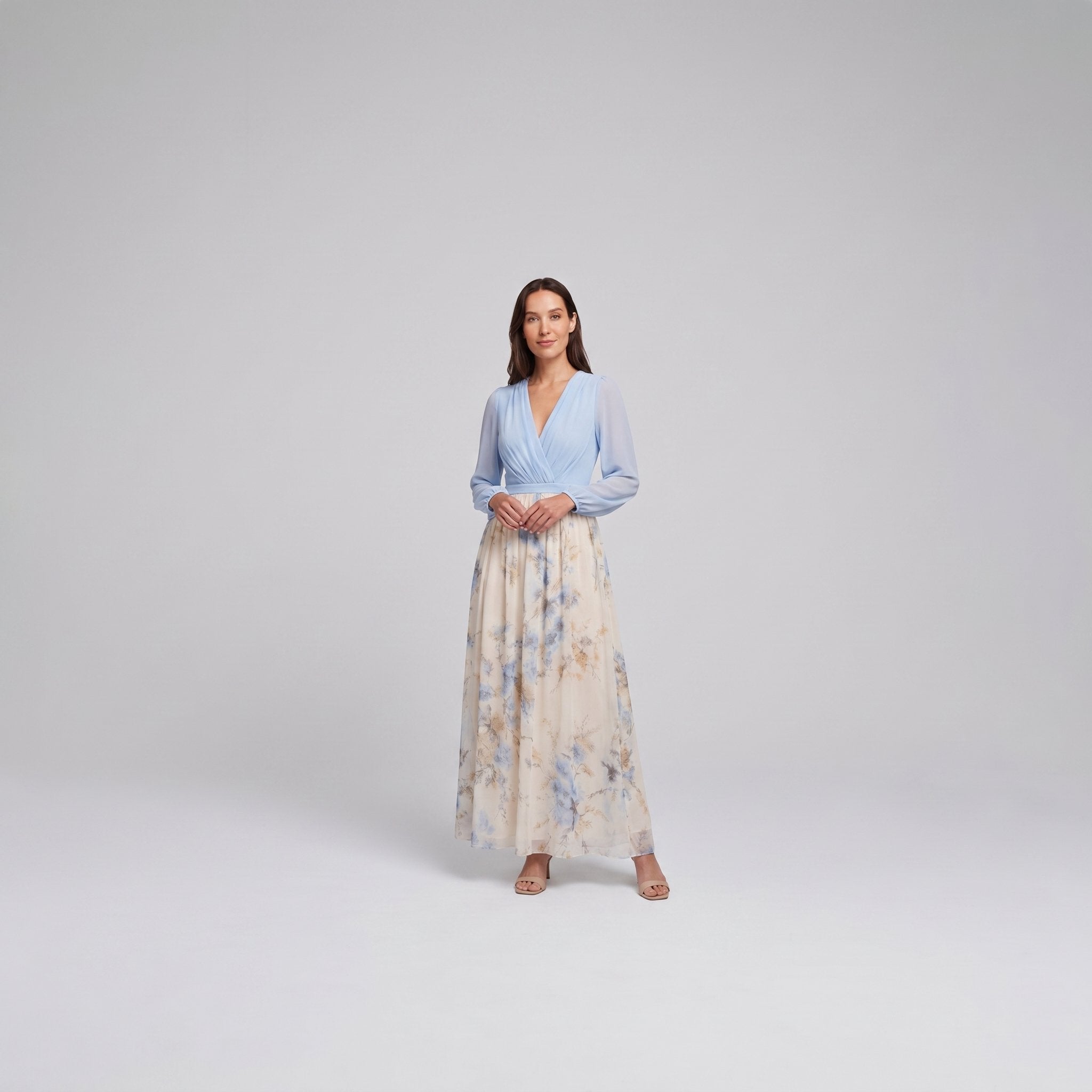 Floral V-neck maxi dress, full-length on model