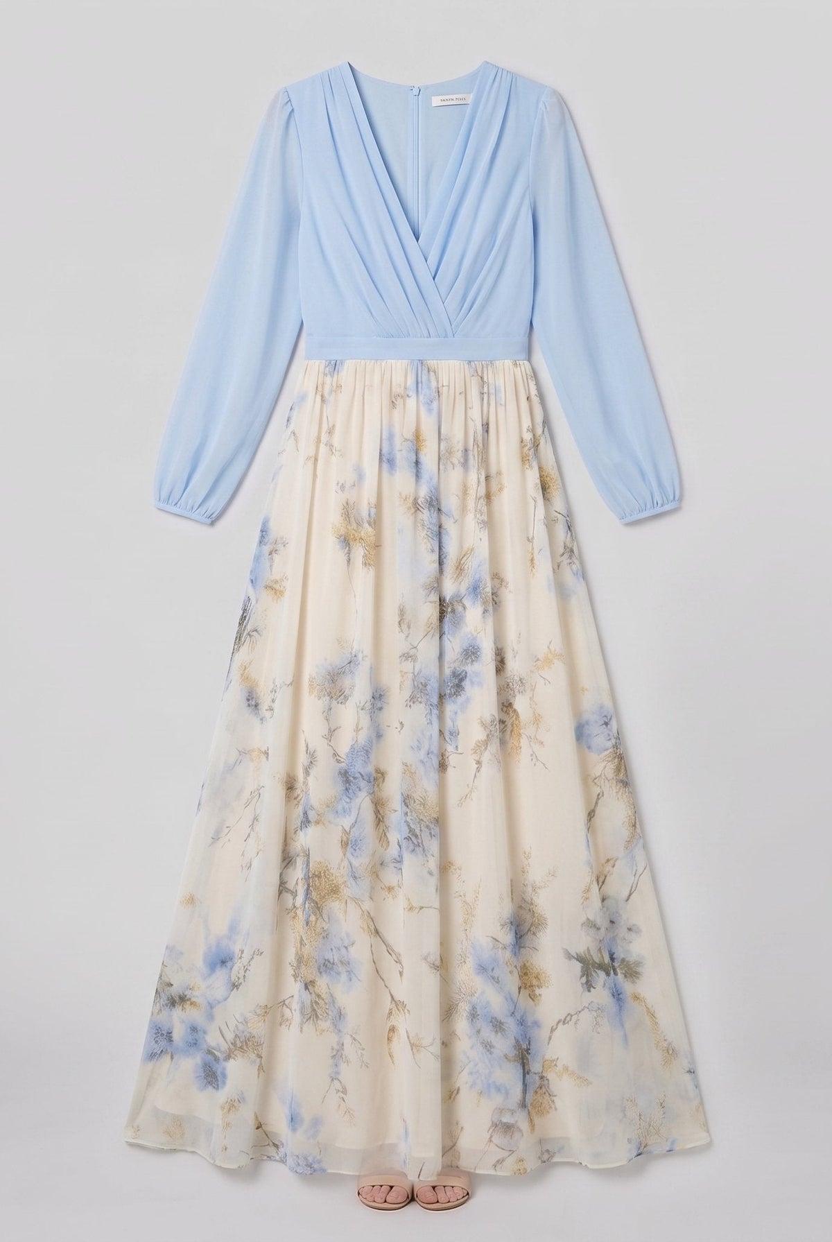 Floral maxi dress with blue bodice and cream floral skirt, product flat-lay