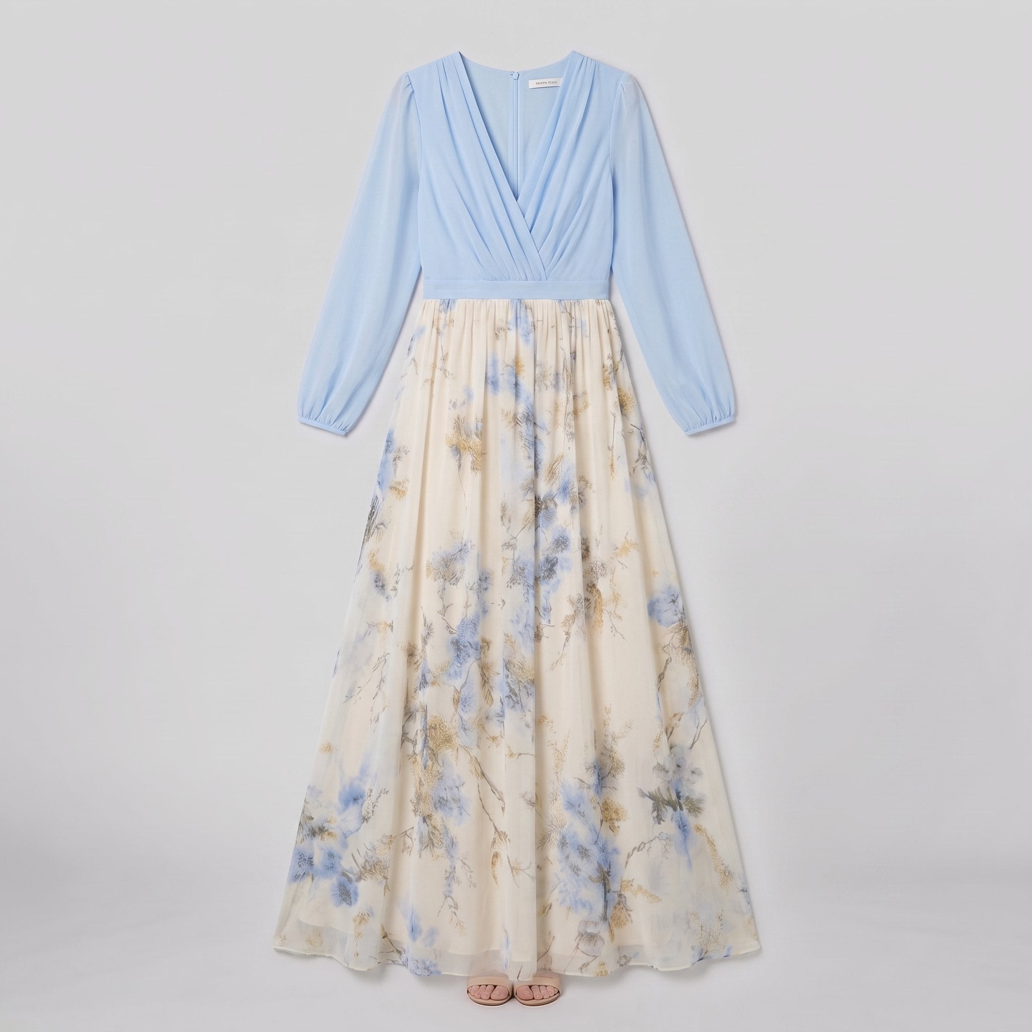 Floral maxi dress with blue bodice and cream floral skirt, product flat-lay