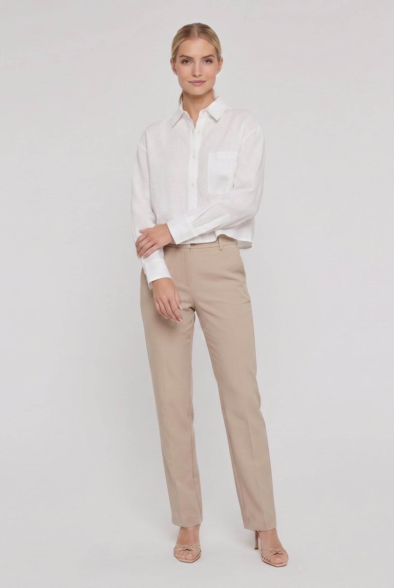 Model wearing white linen shirt - Cleo Women's Shirt