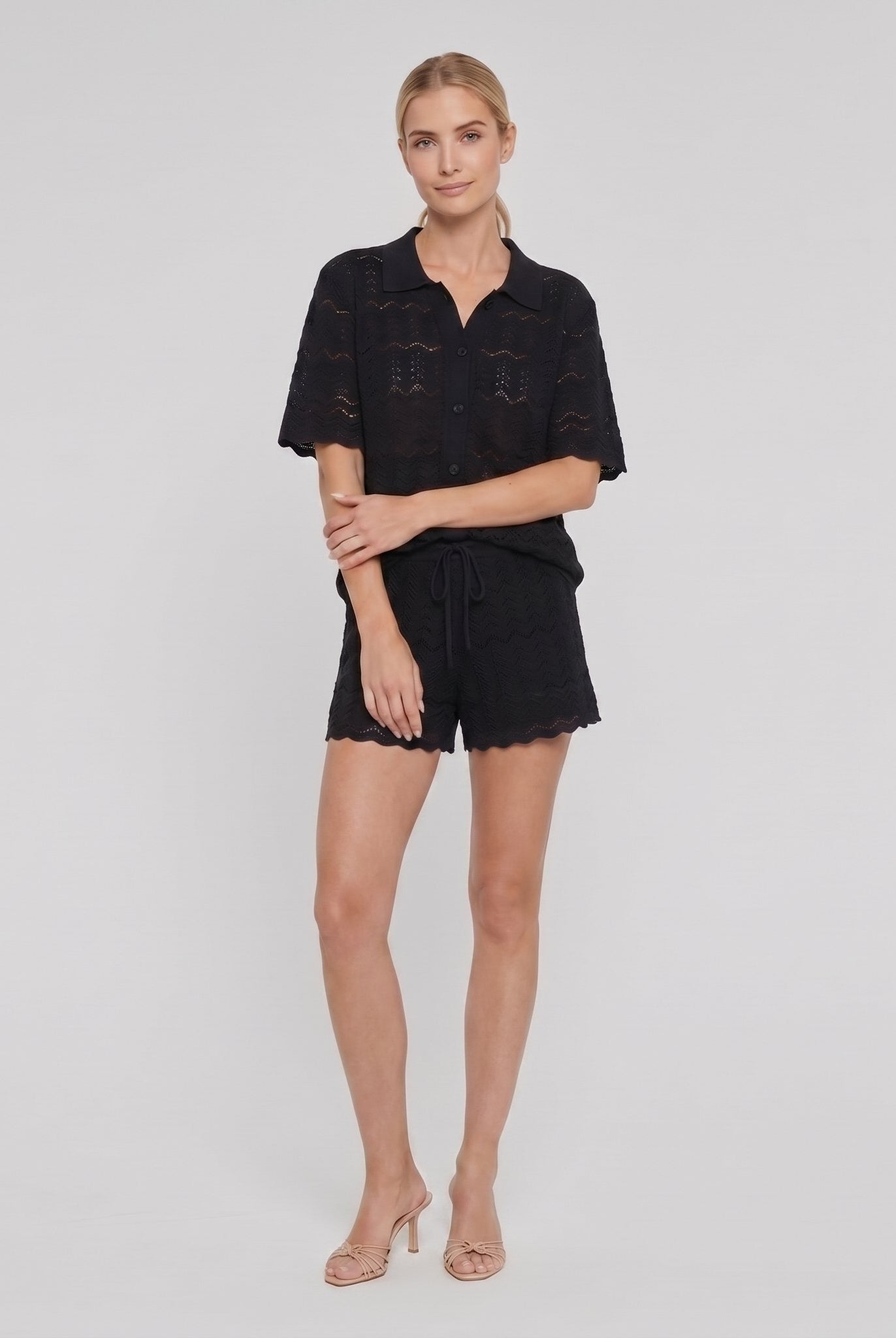 Cora Crochet Cover-Up Set in black — open-knit button-up shirt and shorts