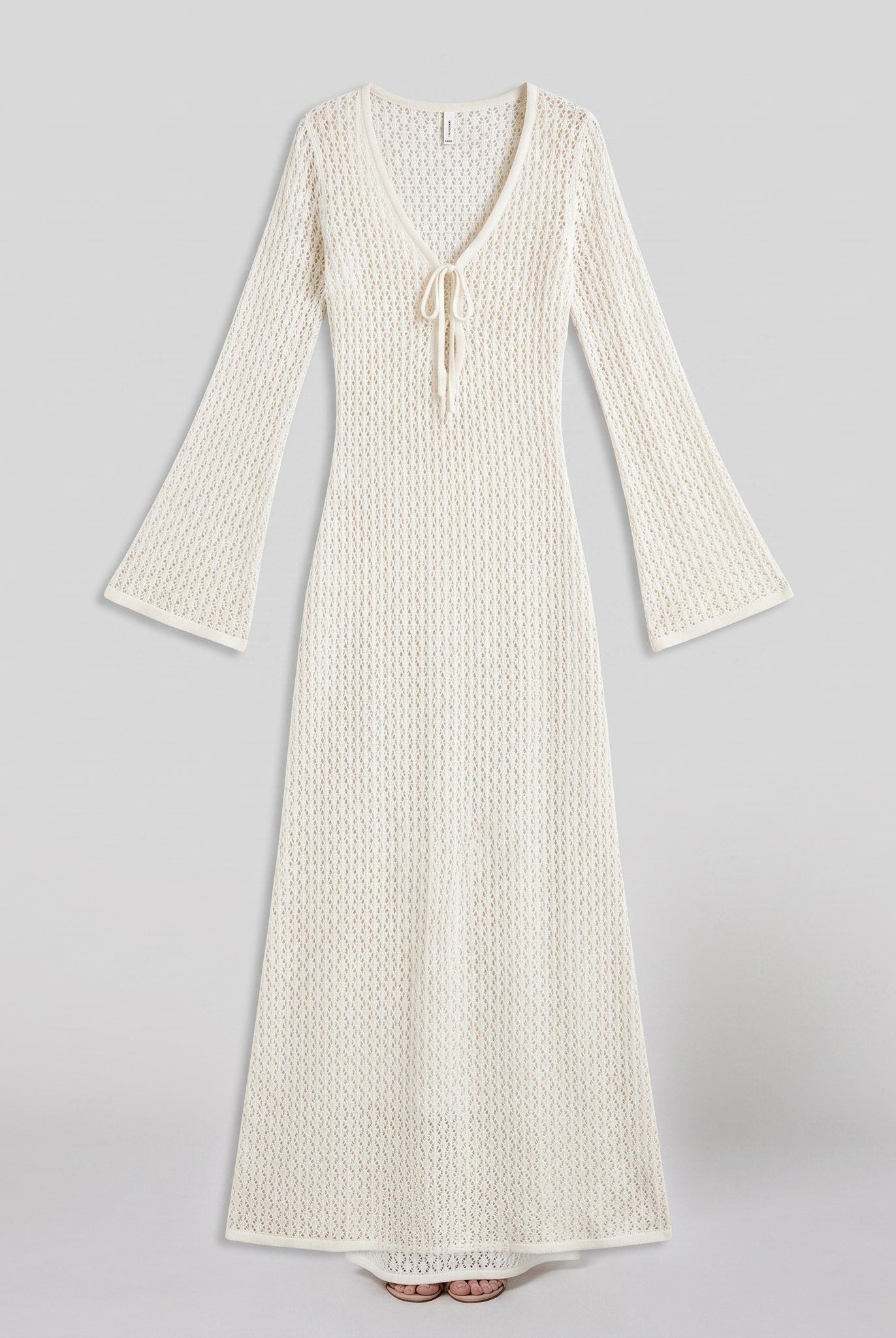 Ivory crochet knit maxi dress with bell sleeves, product flat-lay