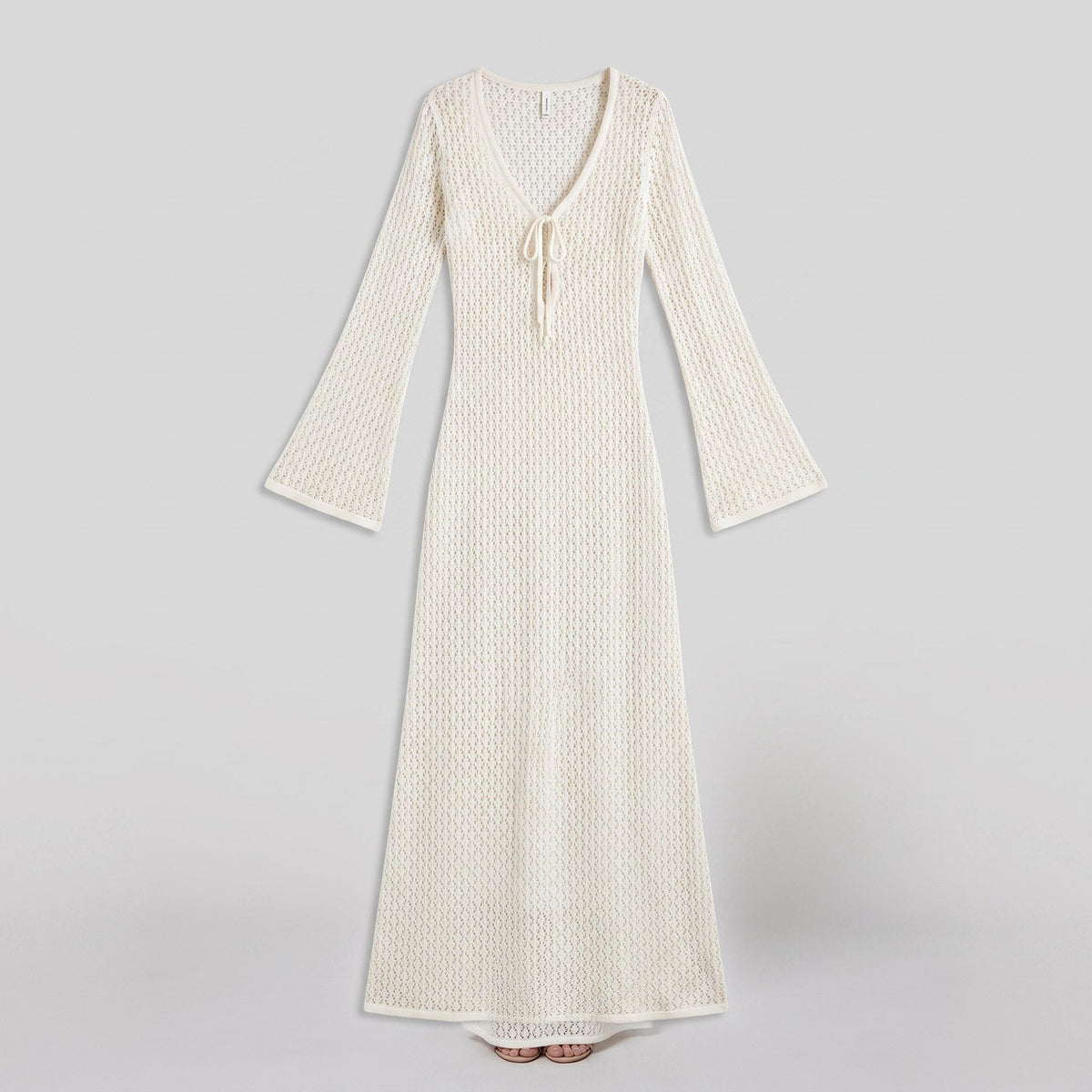 Ivory crochet knit maxi dress with bell sleeves, product flat-lay