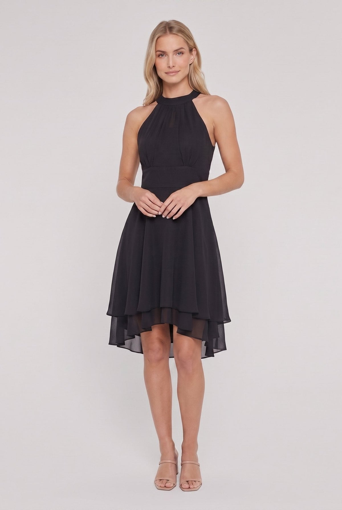 Black sleeveless halter-neck ruffle hem Daisy dress