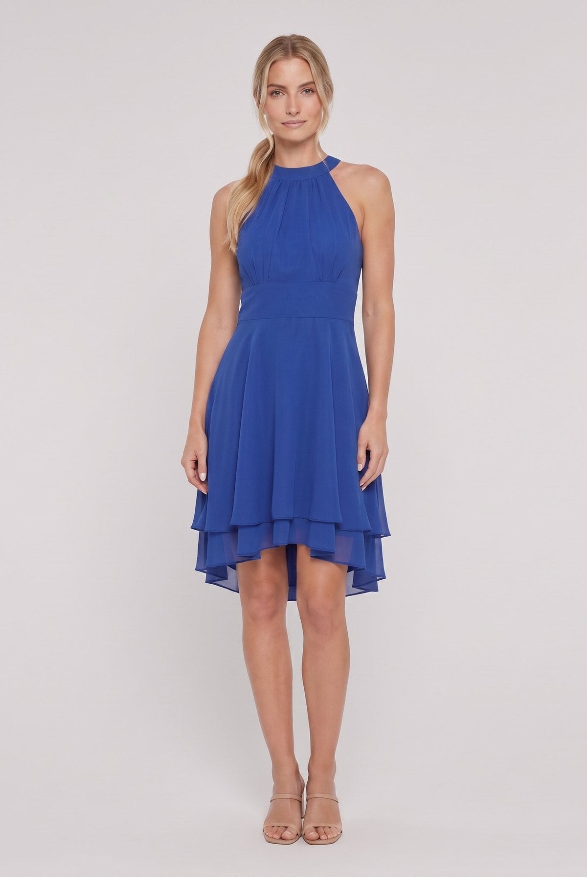 Royal blue sleeveless halter-neck ruffle hem Daisy dress