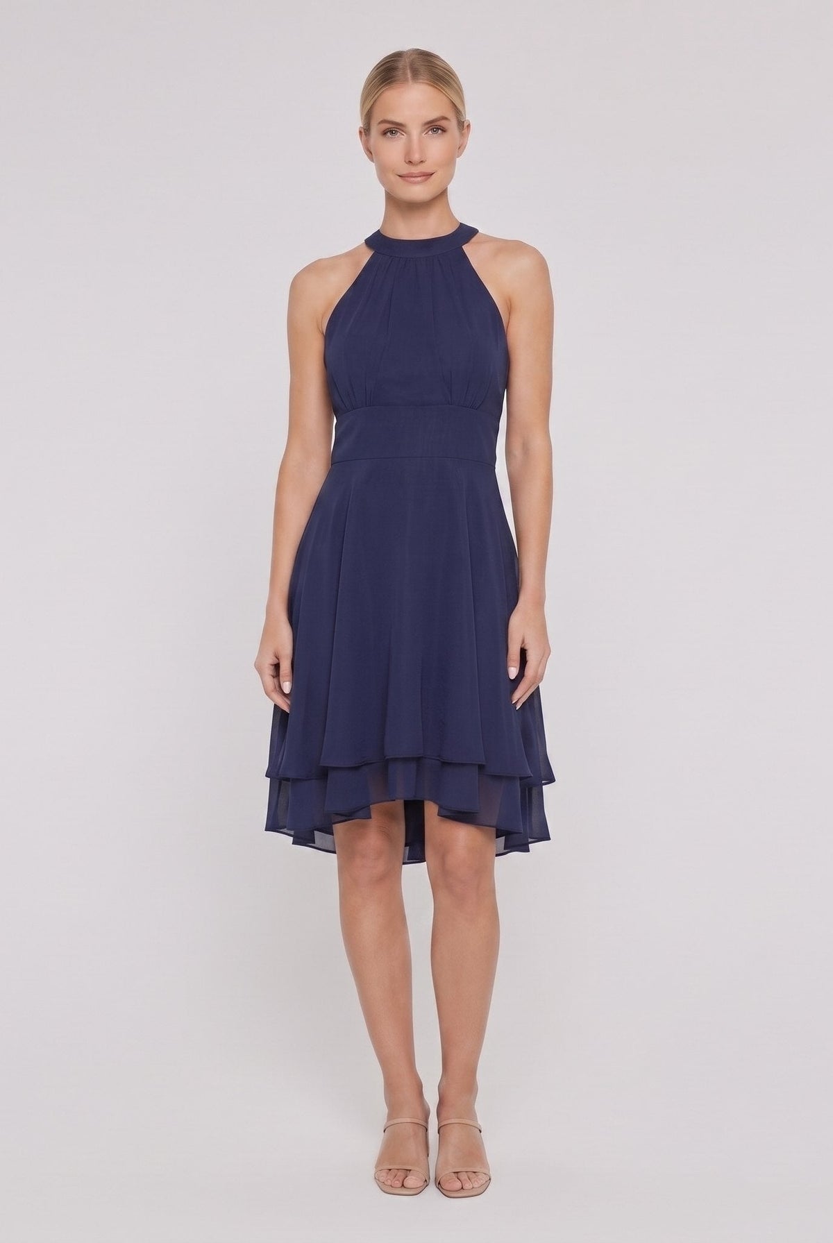 Navy blue sleeveless halter-neck ruffle hem Daisy dress