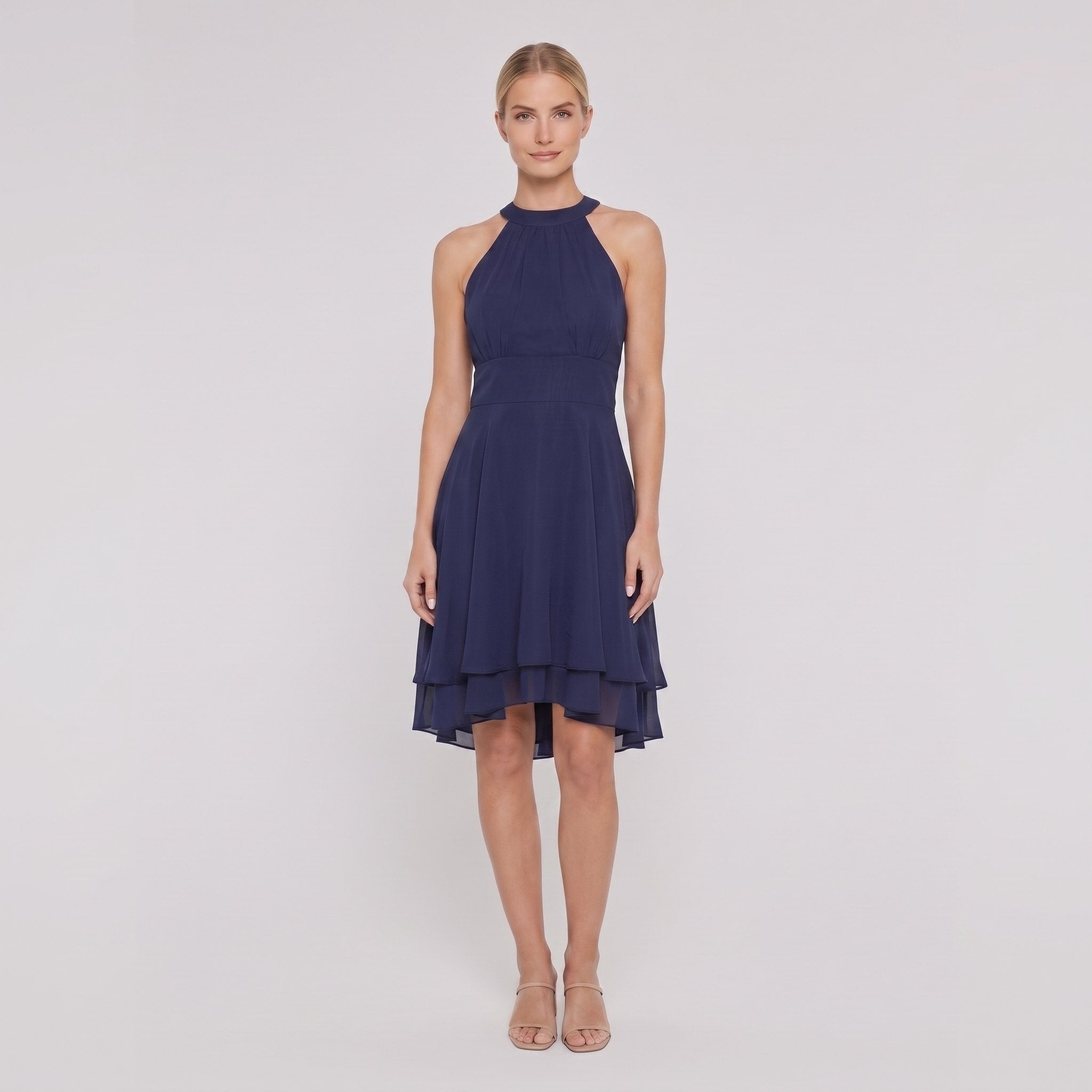 Navy blue sleeveless halter-neck ruffle hem Daisy dress