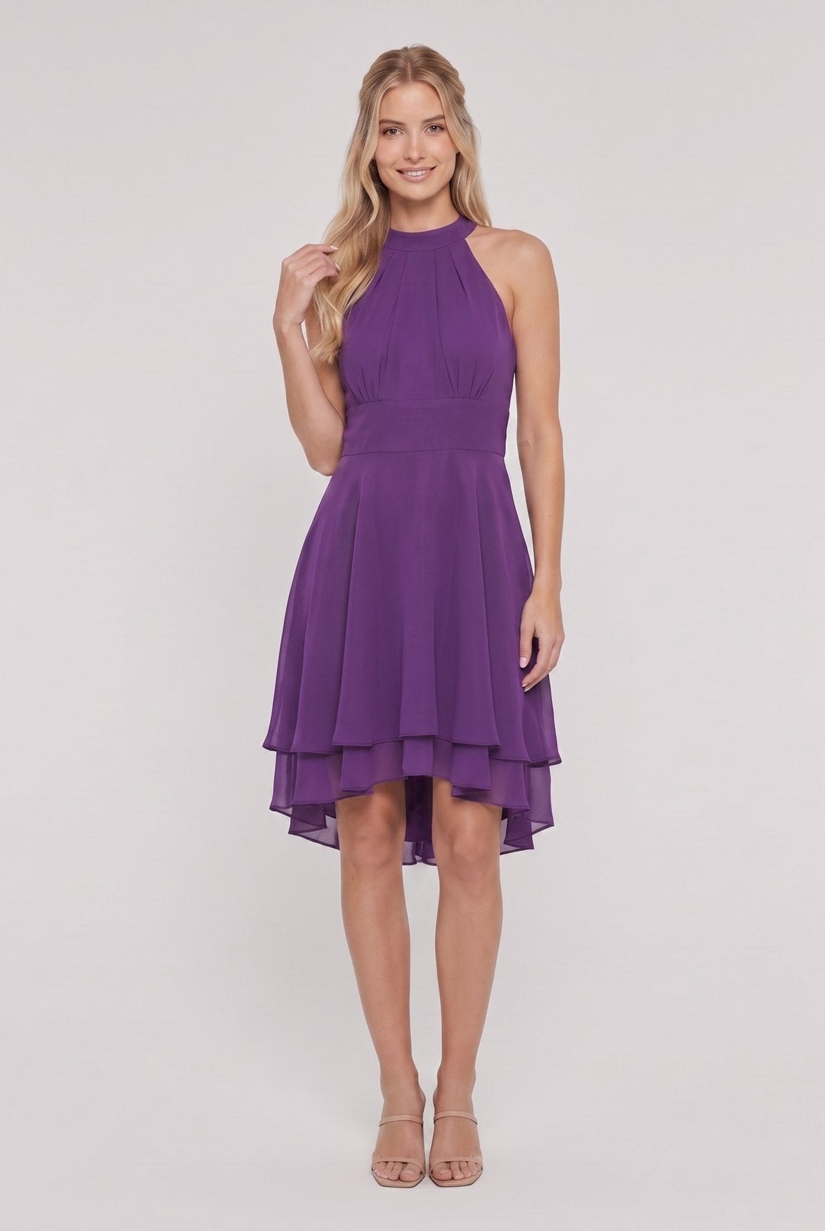 Purple sleeveless halter-neck ruffle hem Daisy dress