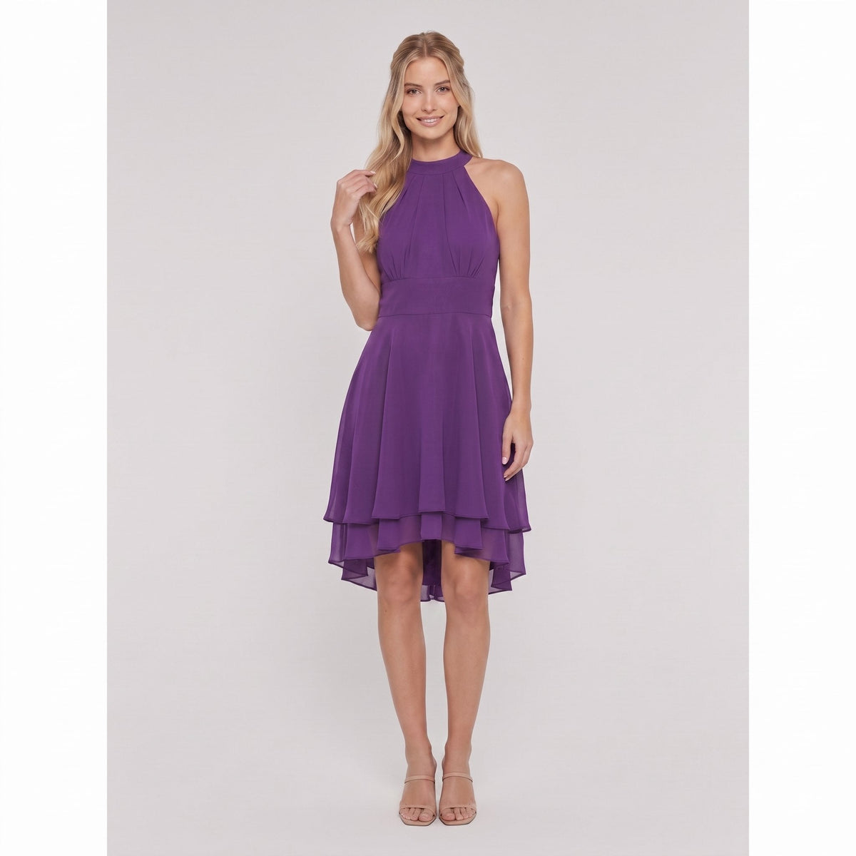 Purple sleeveless halter-neck ruffle hem Daisy dress