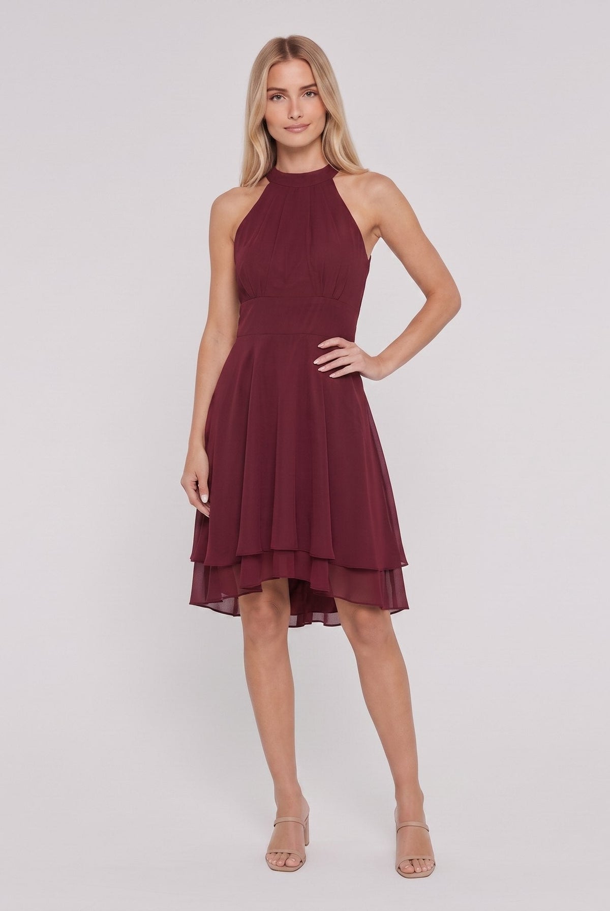 Wine red sleeveless halter-neck ruffle hem Daisy dress