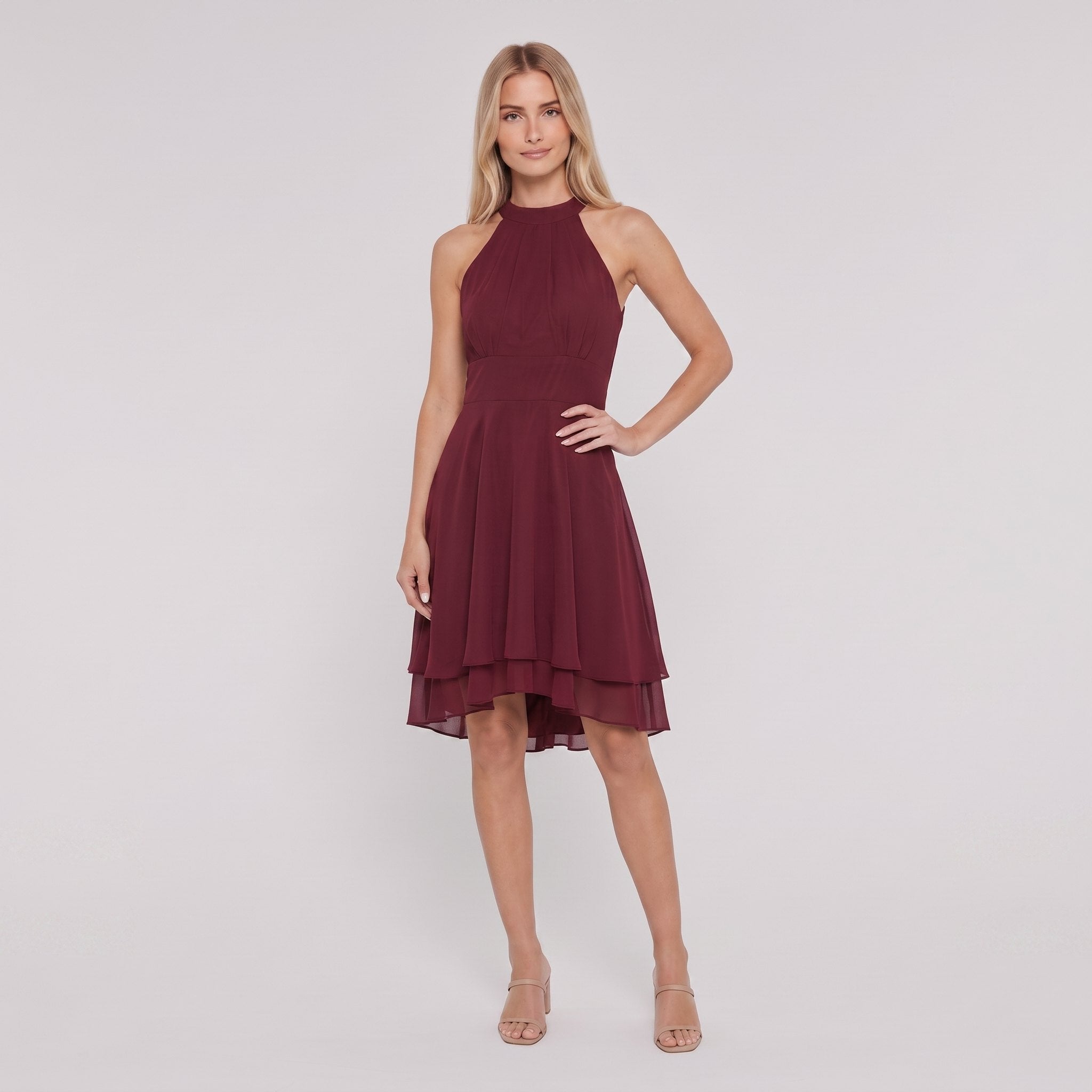 Wine red sleeveless halter-neck ruffle hem Daisy dress