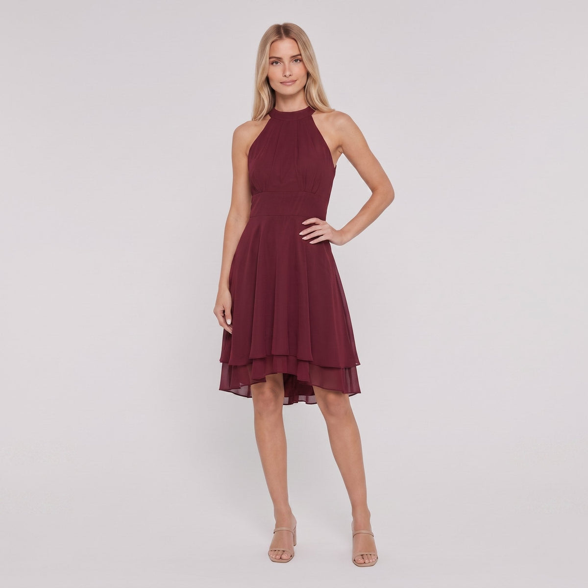 Wine red sleeveless halter-neck ruffle hem Daisy dress