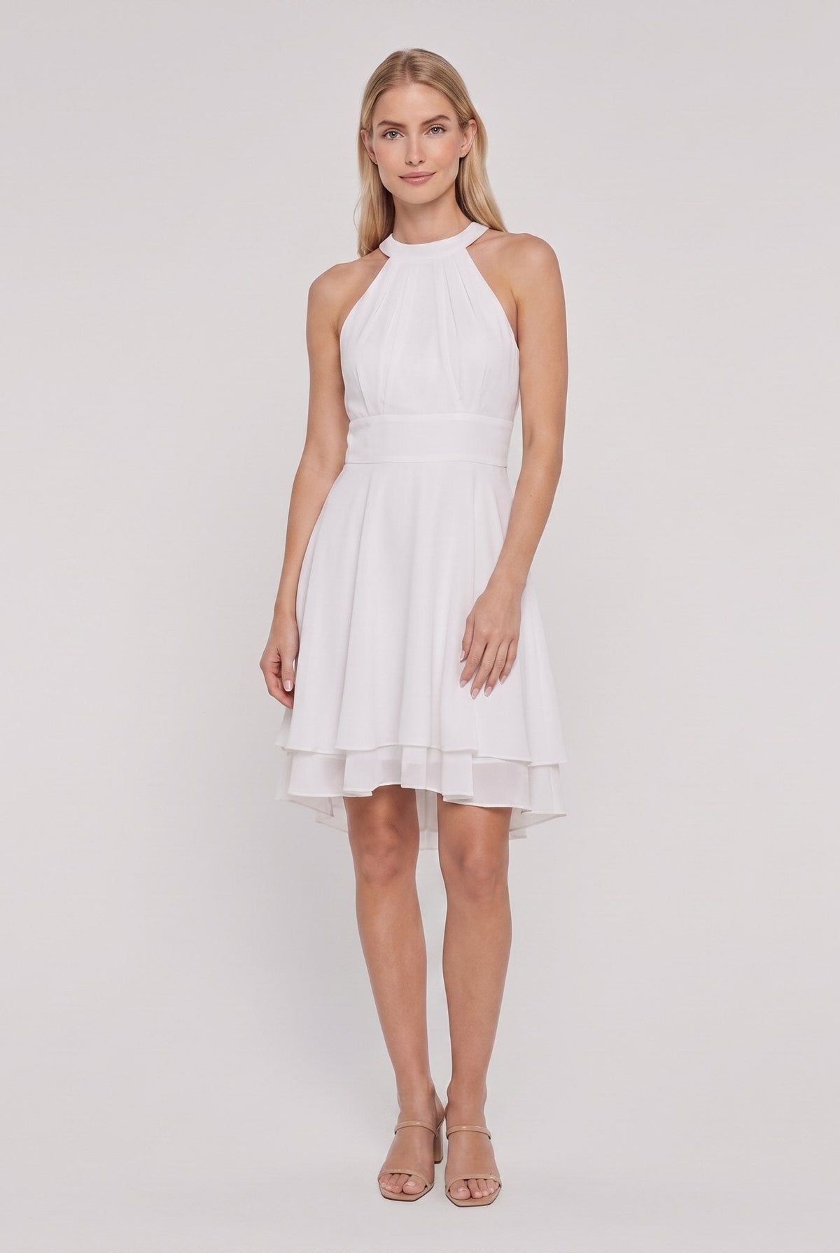 White sleeveless halter-neck ruffle hem Daisy dress