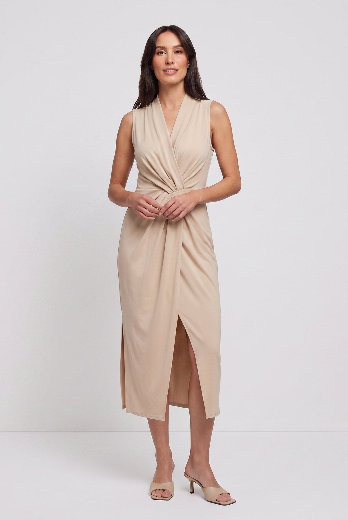Beige sand sleeveless V-neck draped twist-front midi dress with side slit