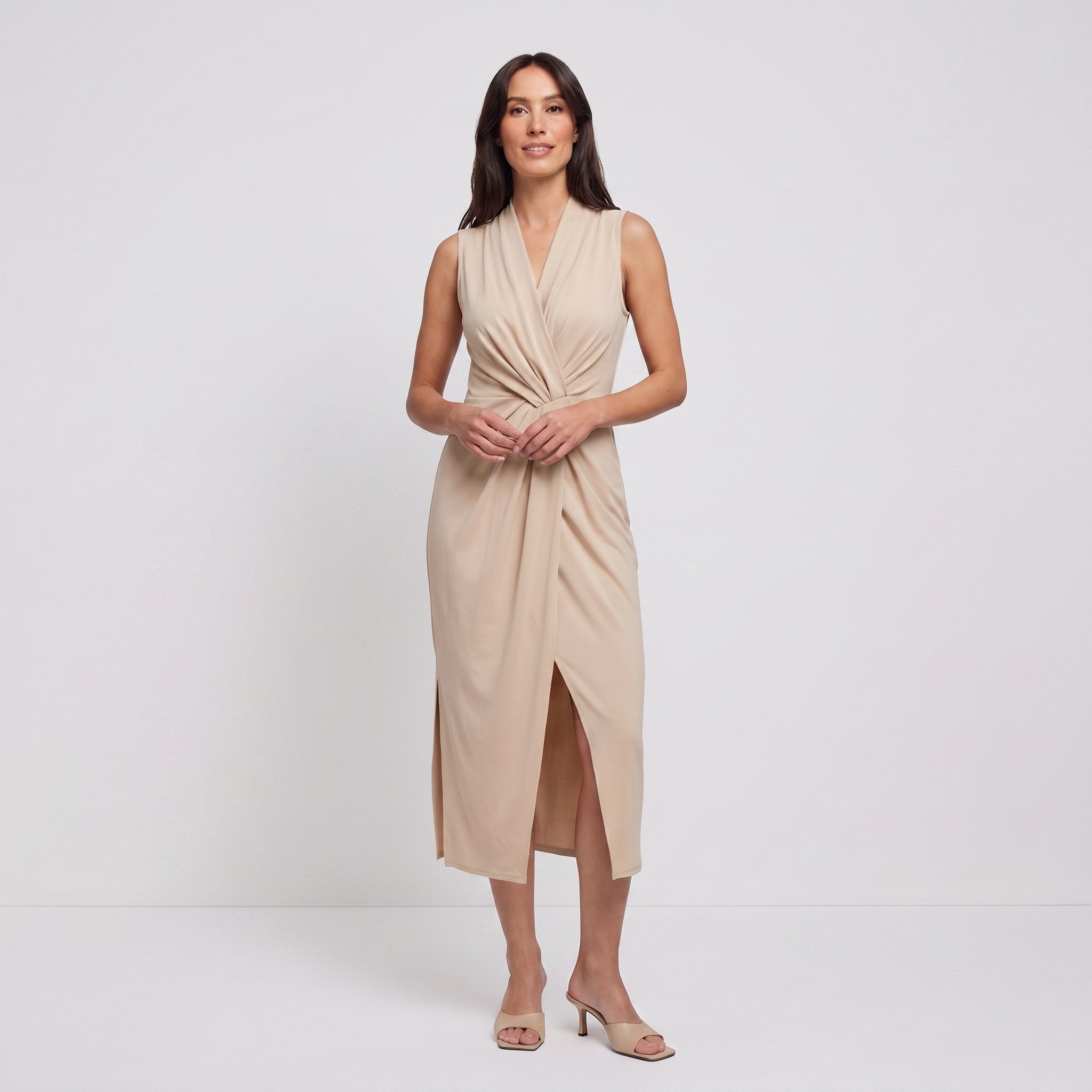 Beige sand sleeveless V-neck draped twist-front midi dress with side slit
