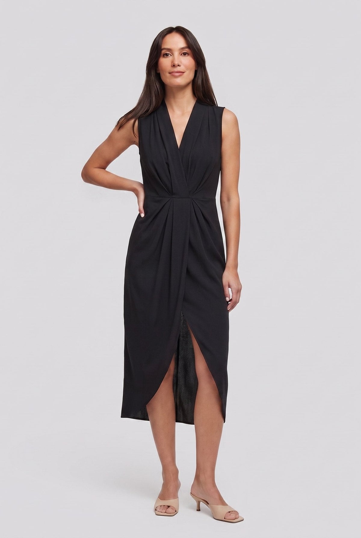 Black sleeveless V-neck draped twist-front midi dress with side slit