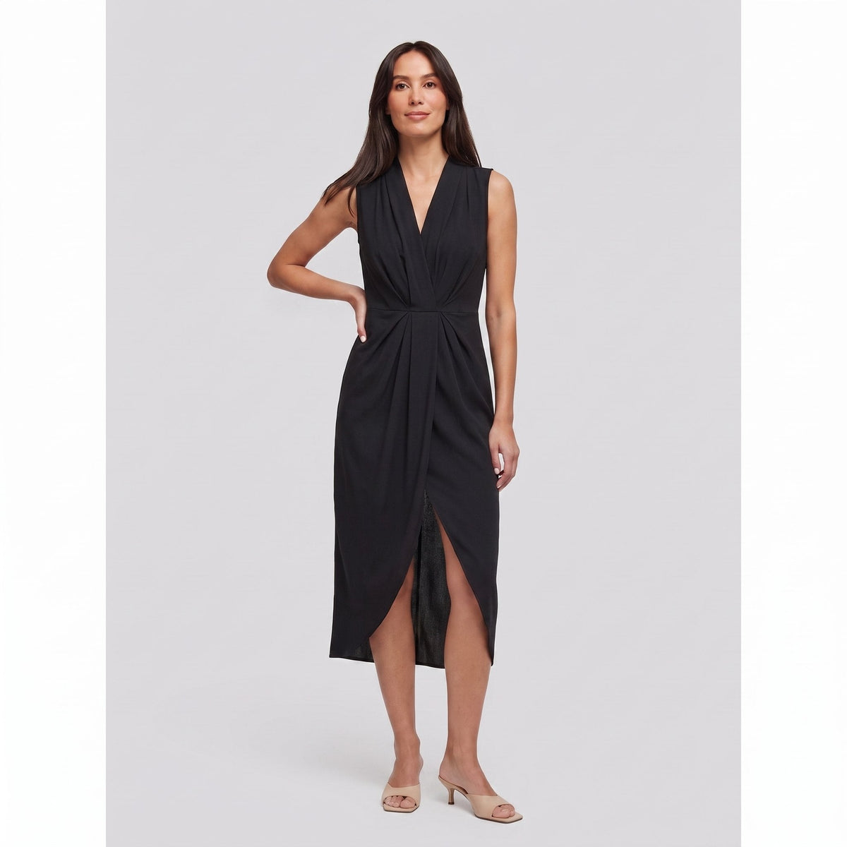 Black sleeveless V-neck draped twist-front midi dress with side slit