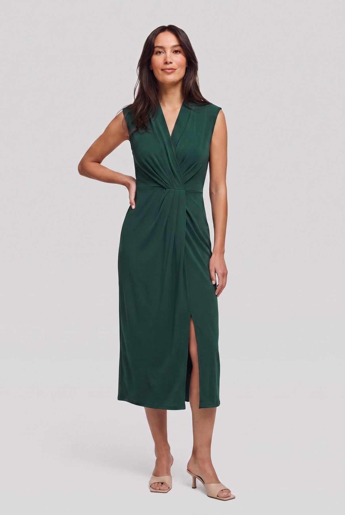 Dark emerald green sleeveless V-neck draped twist-front midi dress with side slit